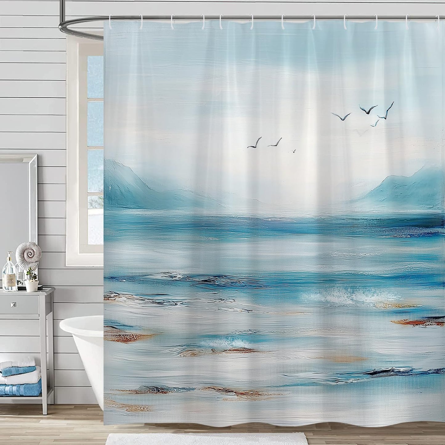 Sanzugh Ocean Beach Shower Curtain, Summer Coastal Abstract Blue Teal Beachy Themed Fabric Shower Curtains Set for Bathroom Decorative with Hooks 72 X 72 Inch Tropical Hawaii Sea Wave Bath Decor