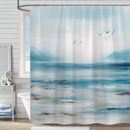 Sanzugh Ocean Beach Shower Curtain, Summer Coastal Abstract Blue Teal Beachy Themed Fabric Shower Curtains Set for Bathroom Decorative with Hooks 72 X 72 Inch Tropical Hawaii Sea Wave Bath Decor