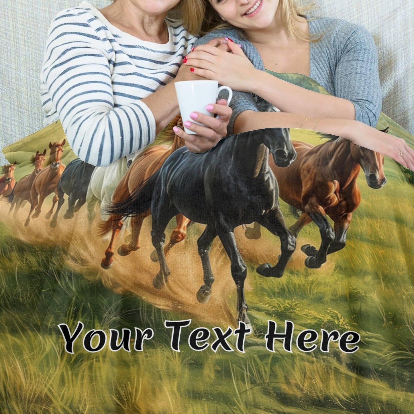 Personalized Horses Blanket with Name, Galloping Running Horse Soft Decorative Flannel Throw Blanket for Bed Couch, Birthday