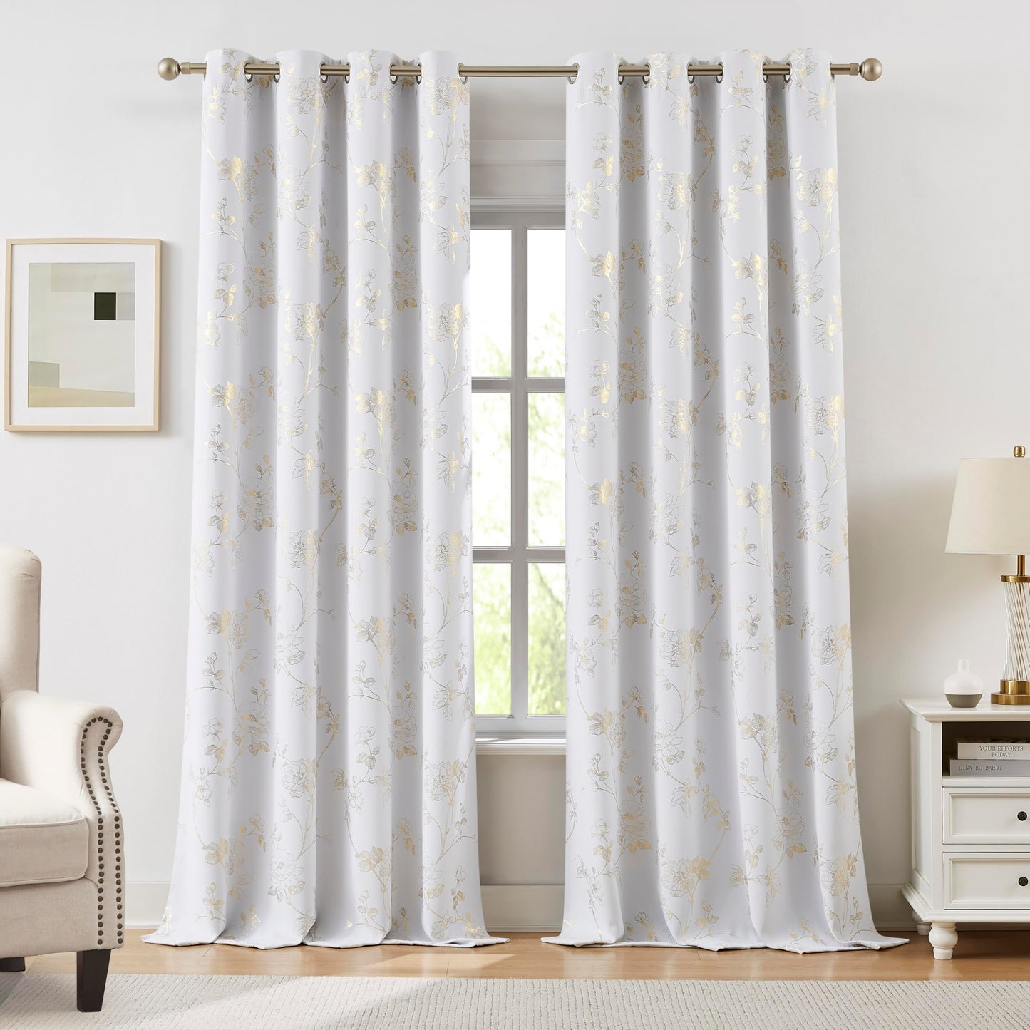 Ronaldecor Floral Full Blackout Window Curtains 84 Inches Long for Bedroom White Gold Rose Drapes Room Darkening Thermal Insulated Noise Reduction Grommet Window Treatments Sets, 52" W, 2 Panels