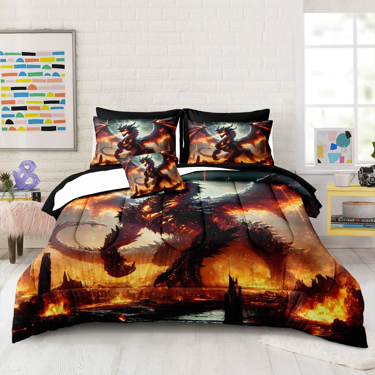Bedbay Fire Dragon Bed in a Bag King Size Comforter Set with Sheets Mythical Sci-fi 3D Fiery Dragon Print Boys Girls Teen Adults Room Decor Soft Fluffy Comforter Fantasy Bedding Set for All Seasons