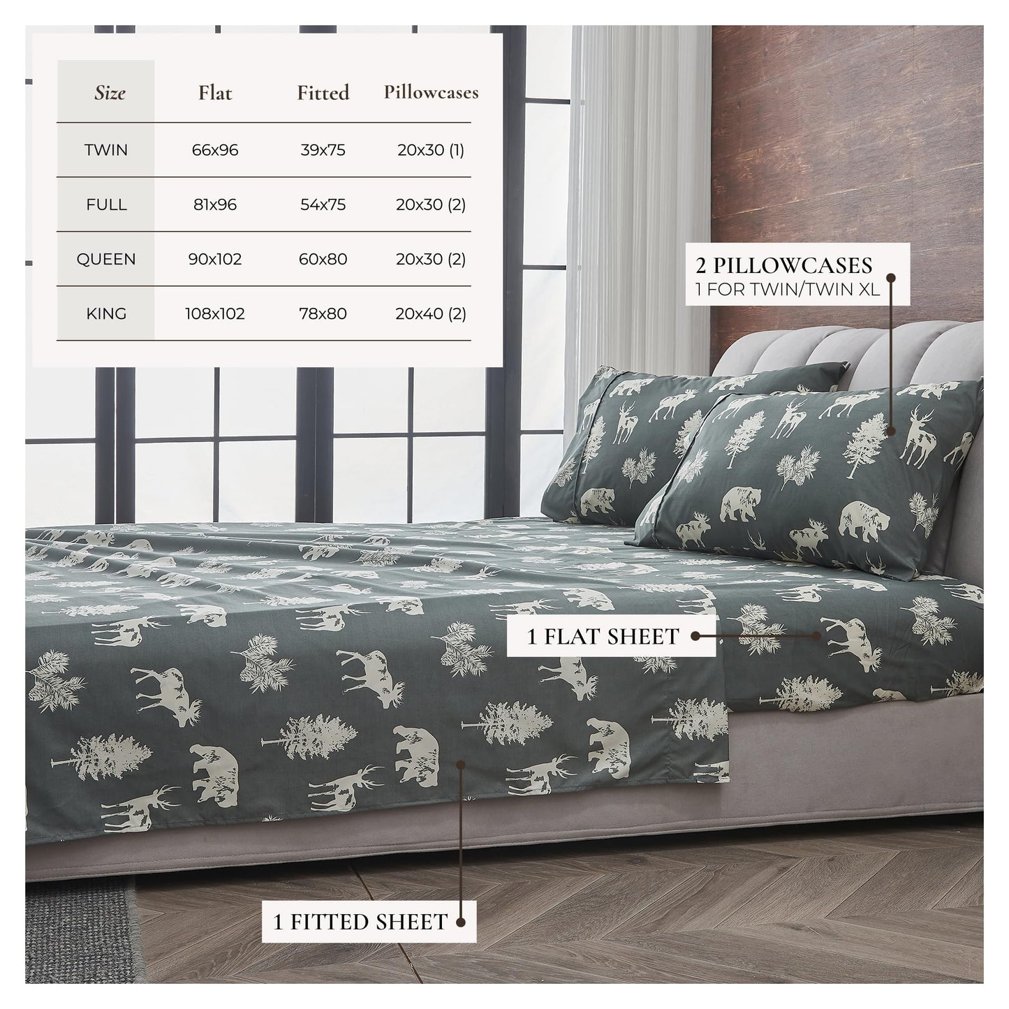 Great Bay Home Twin Size Microfiber Sheet Set - 3-Piece Lodge Bed Sheets - Ultra-Soft and Smooth Brushed Microfiber Woodland Decor Bedding (Forest Animal - Dark Grey)