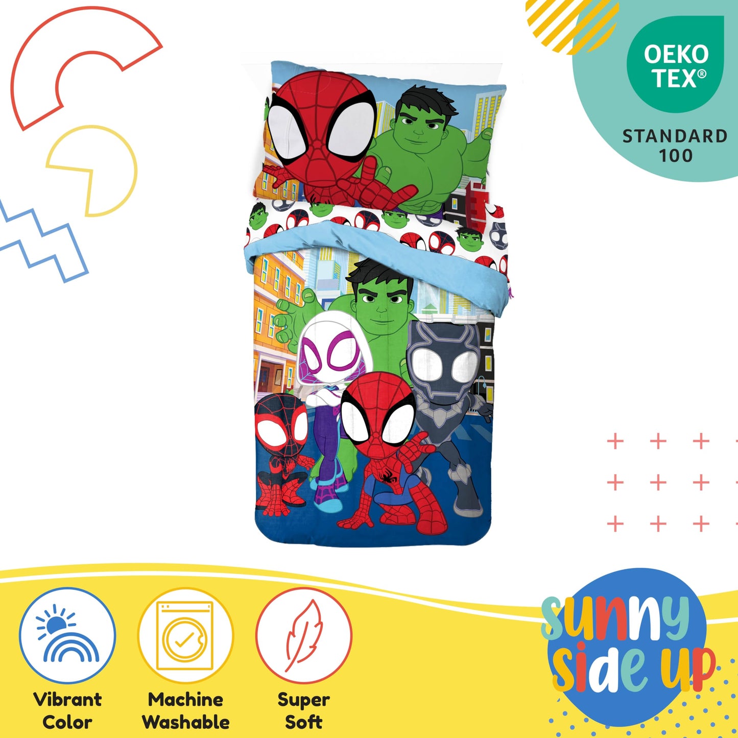 Sunny Side Up Marvel Spidey & His Amazing Friends Toddler Comforter Set - 4 Piece Preschool Bedding Includes Comforter, Sheets & Pillow Cover – Super Soft Superheroes Microfiber Bed Set