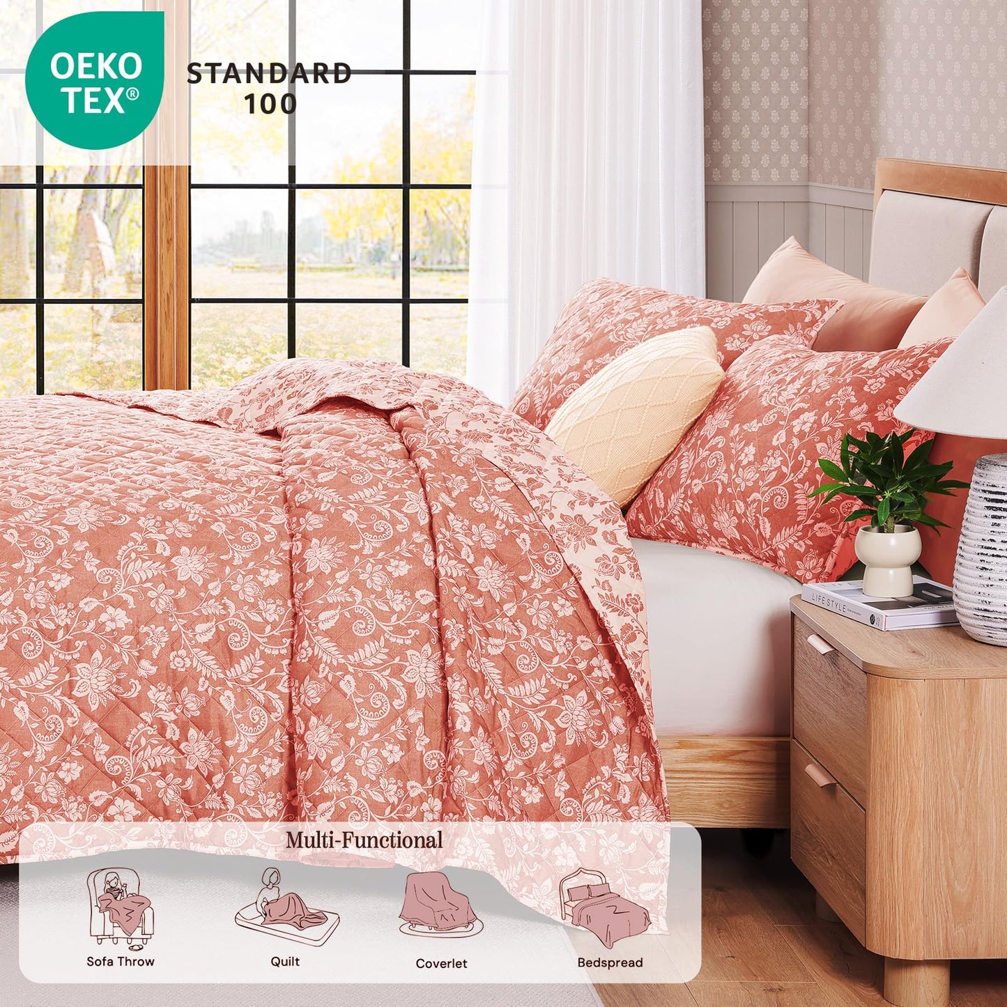 BLOOMHAVEN Quilt Set Queen Size, Clay Pink Floral Quilt Sets, Reversible Bedspread Lightweight and Breathable for All Seasons, Soft Quilted Bedspread with 2 Pillow Shams