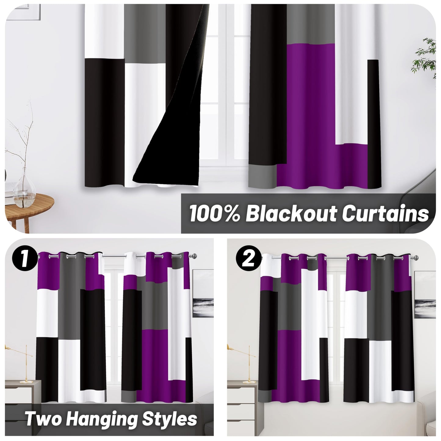 Tyrot Purple 100% Blackout Curtains for Bedroom 45 inch Length 2 Panels Set Grey Modern Abstract Geometric Black Out Curtains Insulated Room Darkening Window Drapes for Living Room, 52Wx45L