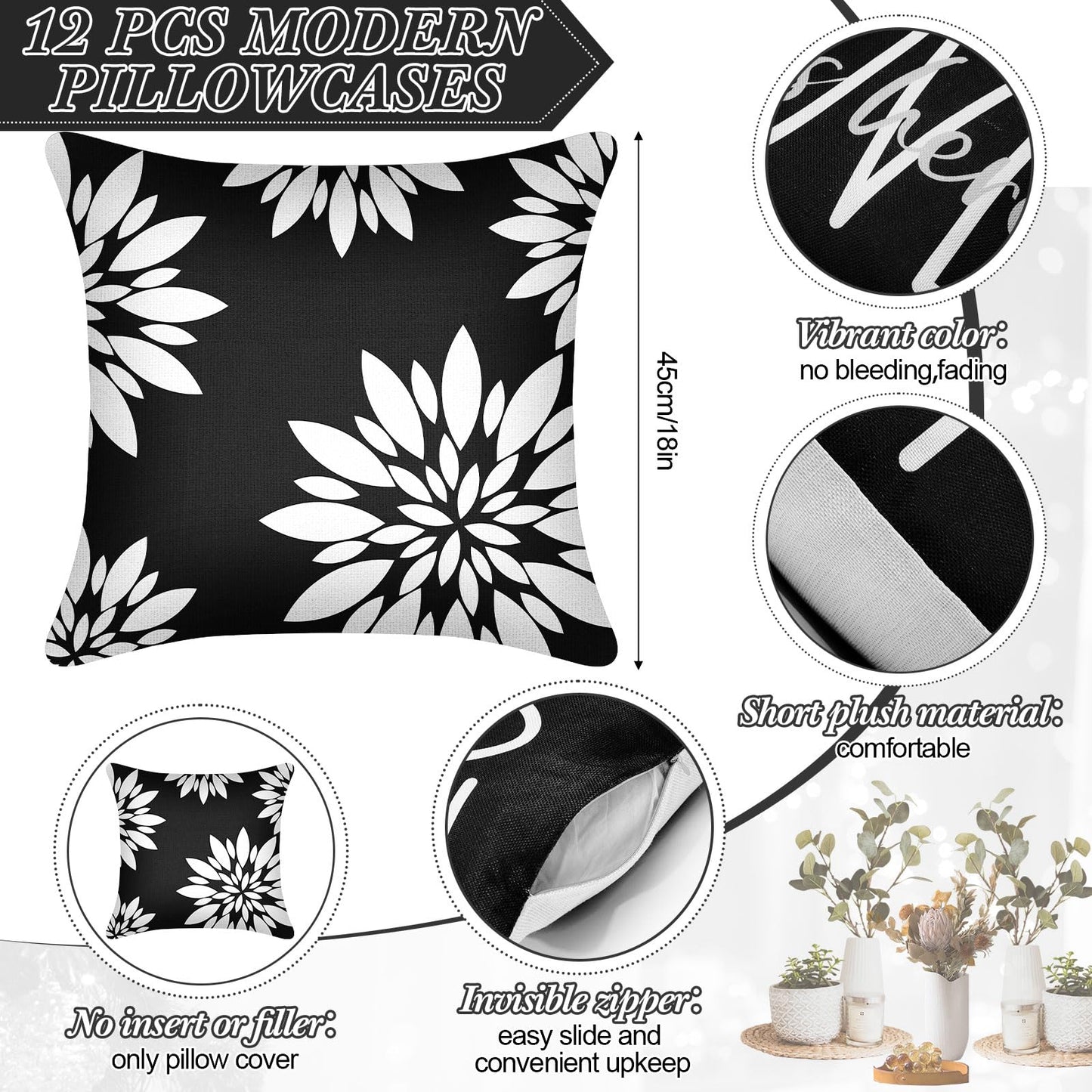 Flutesan 12 Pcs Decorative Throw Pillow Cover 18 x 18 Inch Modern Sofa Pillow case Geometric Floral Linen Square Cushion Covers for Home Living Room Bedroom Couch Chair(Black)