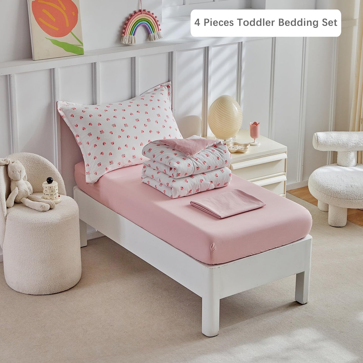 DuShow Toddler Bedding Set for Girls,4 Piece Bed-in-a-Bag Toddler Comforter Sets,Pink Heart Crib Bedding Sheets Set,Include Quilt Comforter,Flat Sheet,Fitted Sheet,Pillowcase
