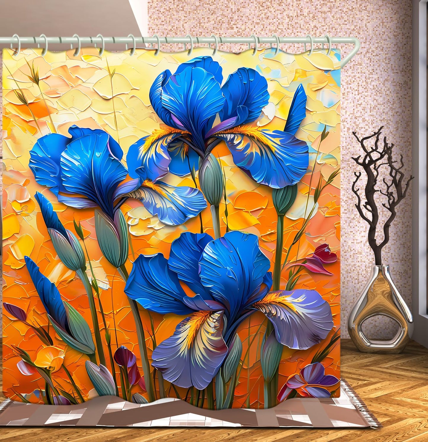 LYFANS Bathroom Shower Curtains Brings a Pleasant Mood to Bathing, with a Unique Artistic Waterproof Oil Painting Blue Flower Shower Curtain (59x72 Inches) Equipped with 12 Hooks.