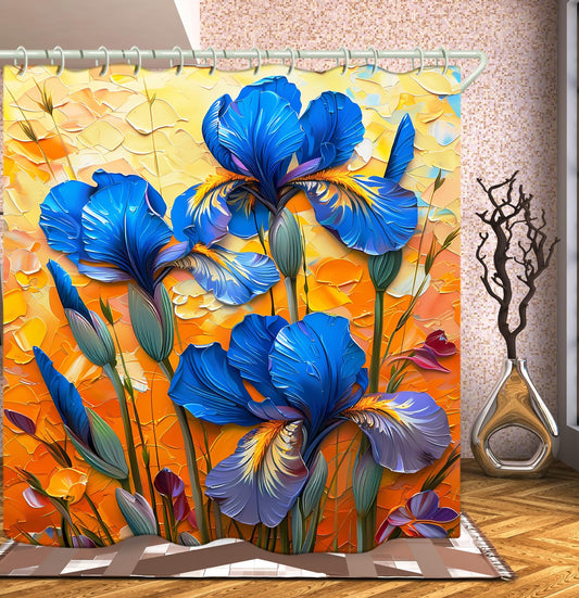 LYFANS Bathroom Shower Curtains Brings a Pleasant Mood to Bathing, with a Unique Artistic Waterproof Oil Painting Blue Flower Shower Curtain (72x79 Inches) Equipped with 12 Hooks.