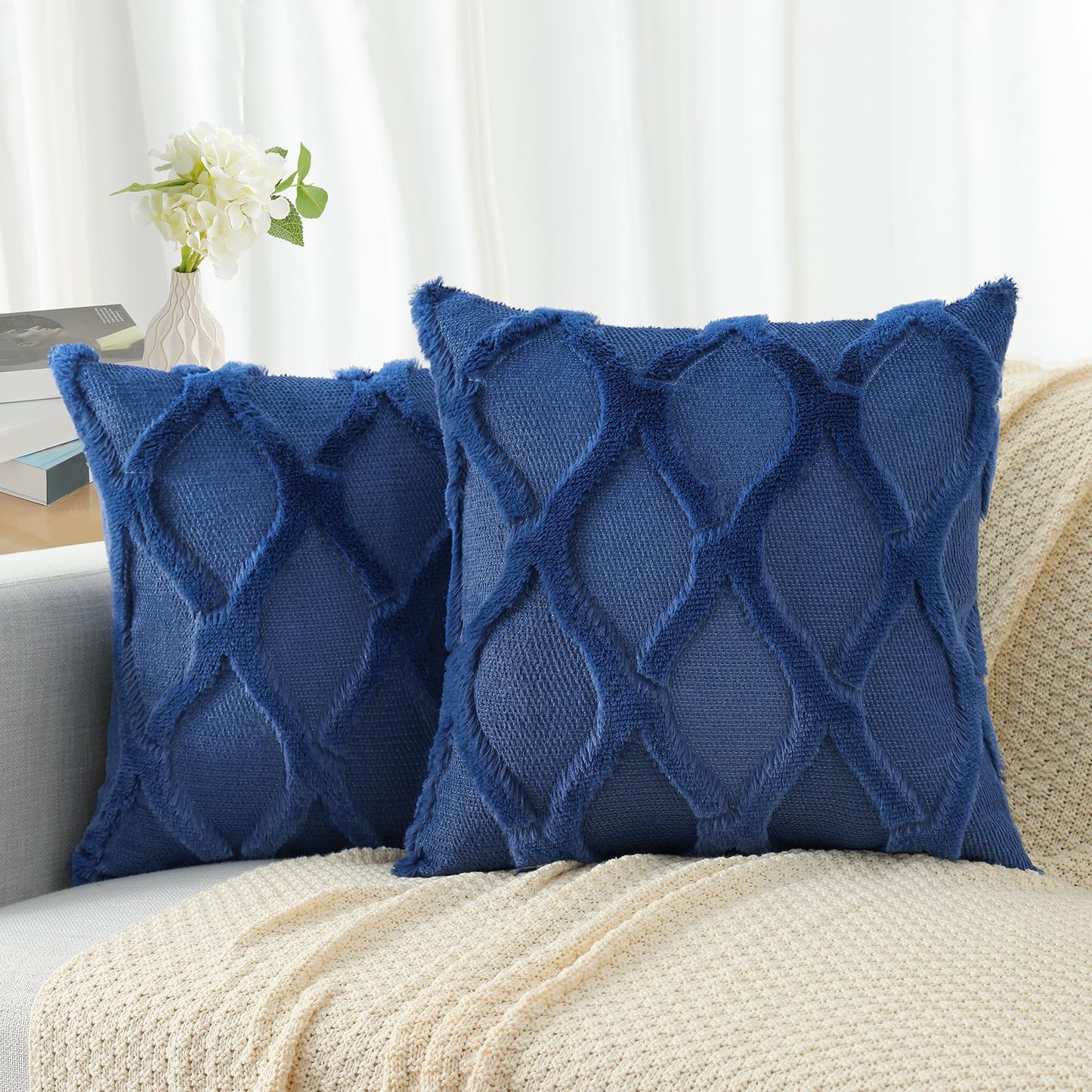 decorUhome Fall Throw Pillow Covers 18x18 Inch Set of 2, Soft Plush Faux Fur Wool Dark Blue Accent Couch Pillow Covers for Modern Farmhouse Bed Sofa Living Room
