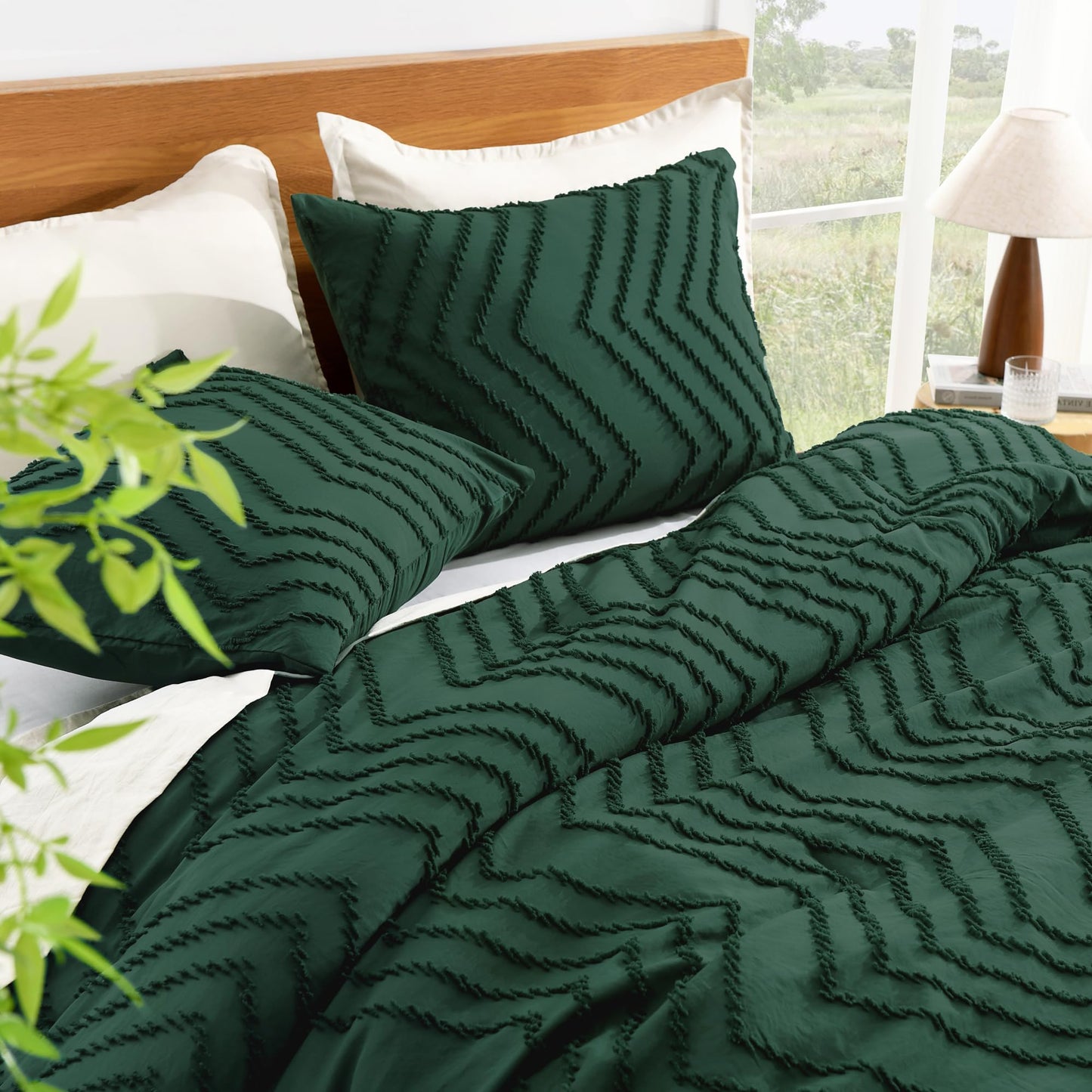 Litanika King Size Comforter Set Dark Emerald Green, 3 Pieces Lightweight Fluffy Comforter King Size Boho Tufted Comforter Bed Set Gift Choice