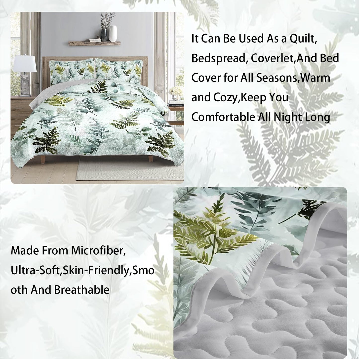 AILONEN King Size Green Leaves Print Quilted Comforter Set, 3-Piece Botanical Forest Bedspread Coverlet,Nature Quilted Bedding with 2 Pillowcases