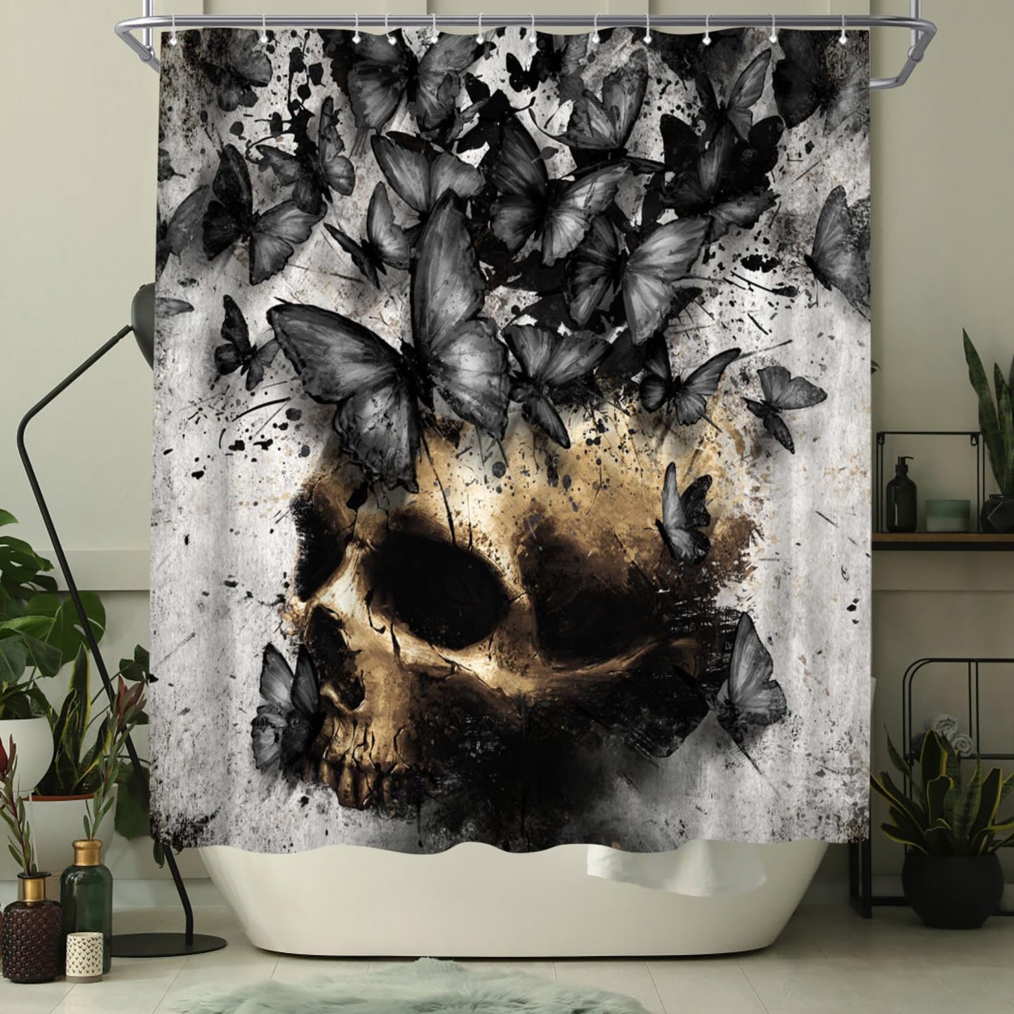 WELMECO Skull with Butterfly Shower Curtain Gothic Bathroom Decor Polyester Fabric, 72x72inch (Black)