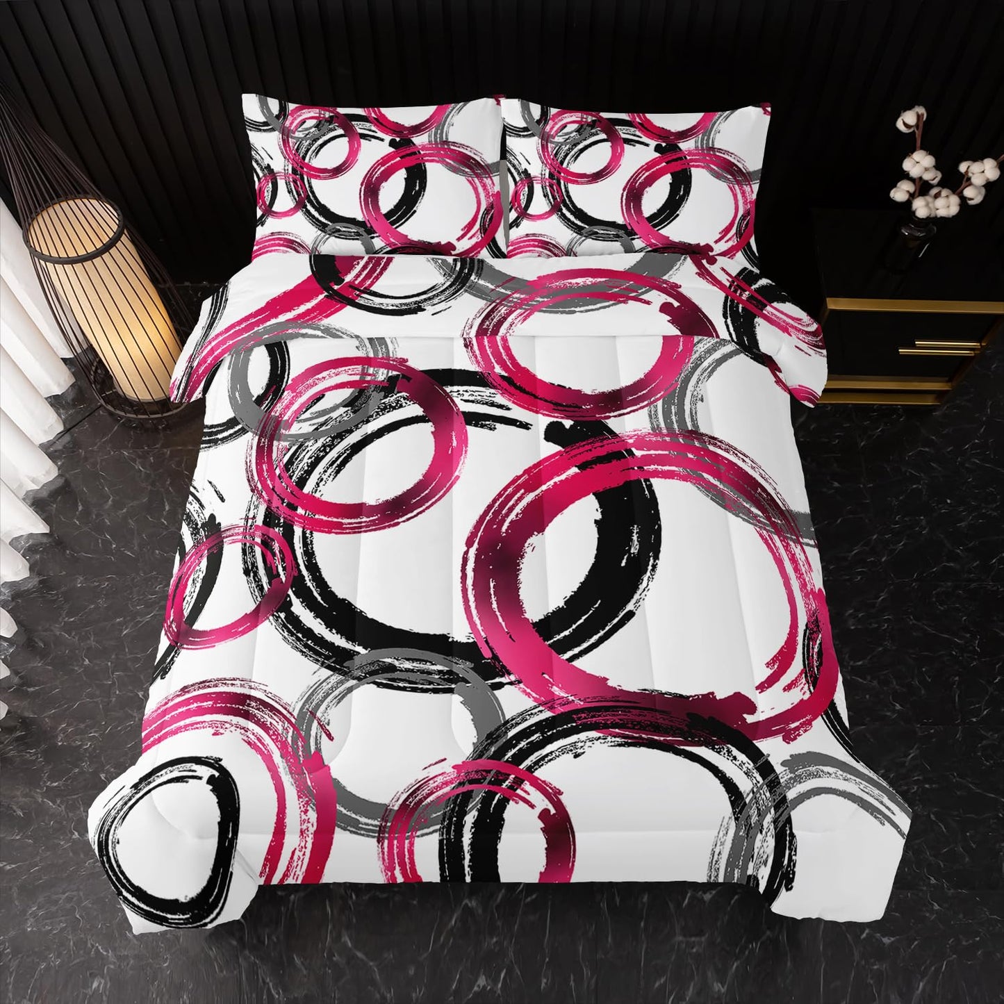 Nttopship Geometric Circle Comforter Set Pink Grey Black Geometric Bedding Set for Boys Girls Teens Retro Circle Swirls Bedding Set Bedroom Decor Modern Abstract Art Duvet Set Room Decor Twin Size