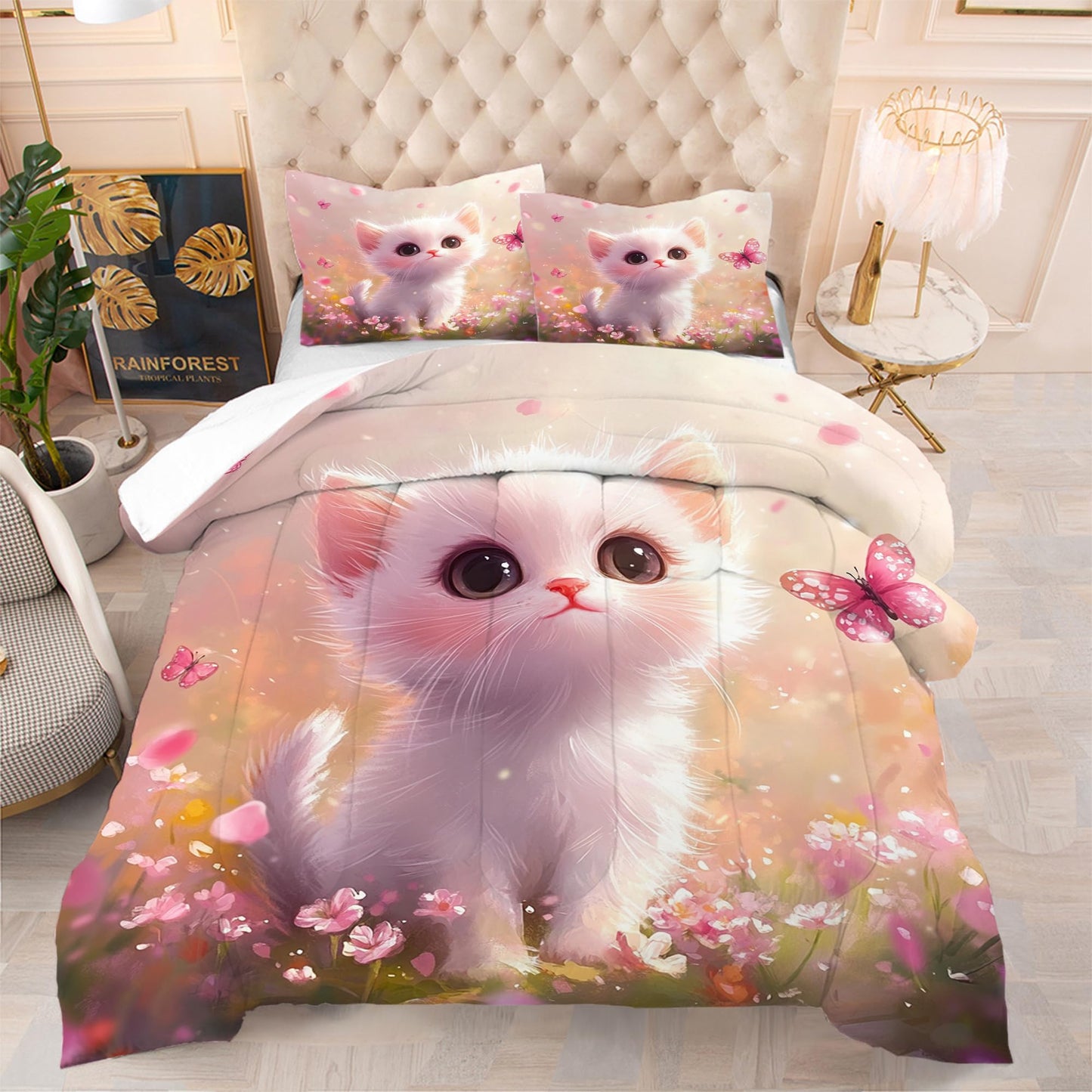 EDGZKO Pink Cat Comforter Set: Full Size Cute Kitten Floral Bedding Sets Kawaii Cartoon Cat Butterfly Flower Quilt for Kids Girls Teens Women Soft Bed Set 1 Comforter & 2 Pillowcases