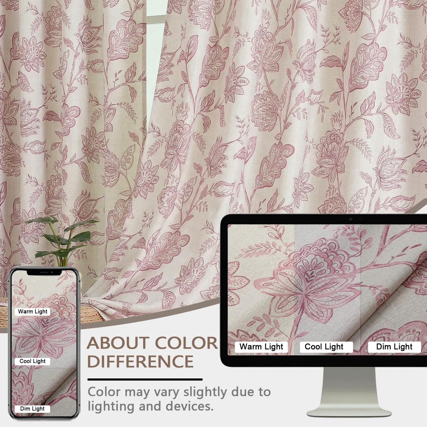 Ebesto Floral Curtains 63 Inch Length - Light Filtering Faux Linen Flower Printed Window Curtains for Bedroom, Rod Pocket No-See Through Privacy Drapes, 2 Panels, Each 40Wx63L Inches, Blush Pink