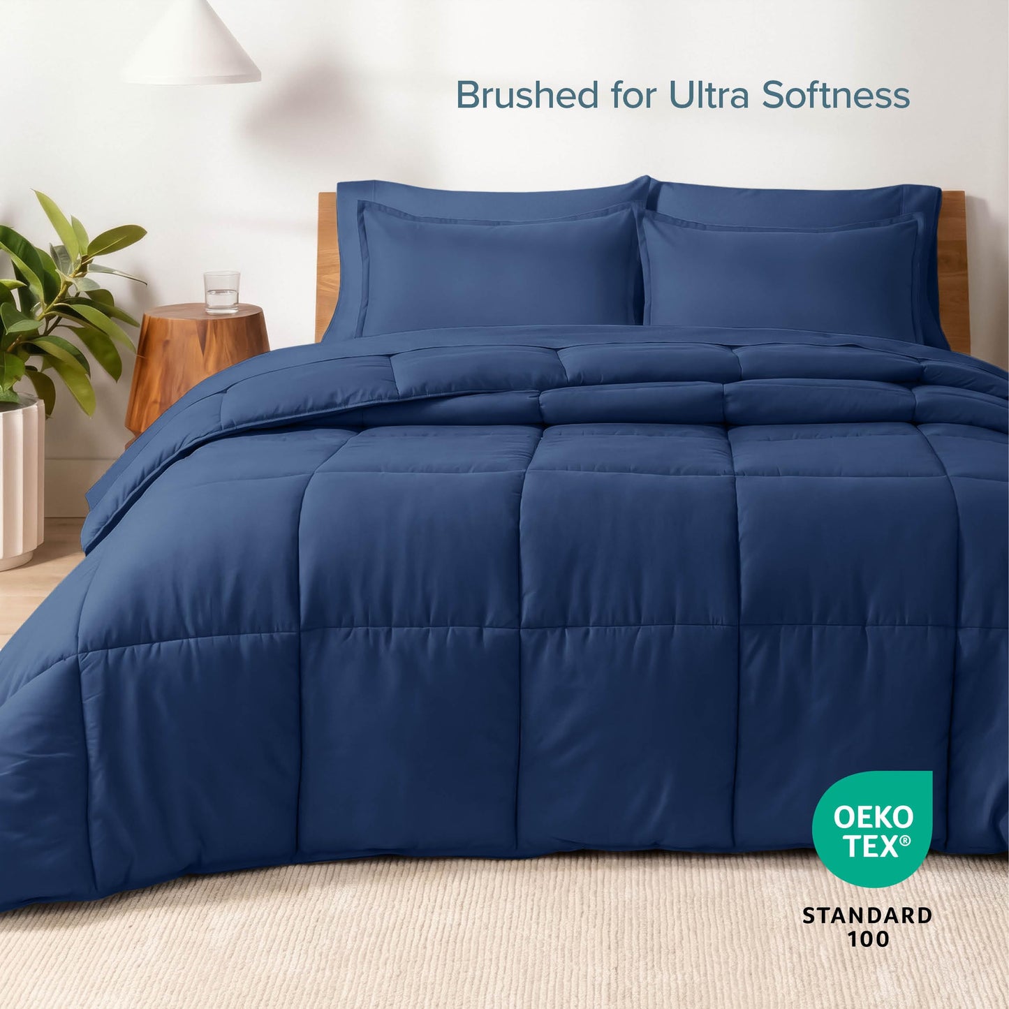Bare Home Bed-in-A-Bag 7 Piece Comforter & Sheet Set - Queen - Goose Down Alternative - Ultra-Soft 1800 Premium - Bedding Set (Queen, Dark Blue/Dark Blue)