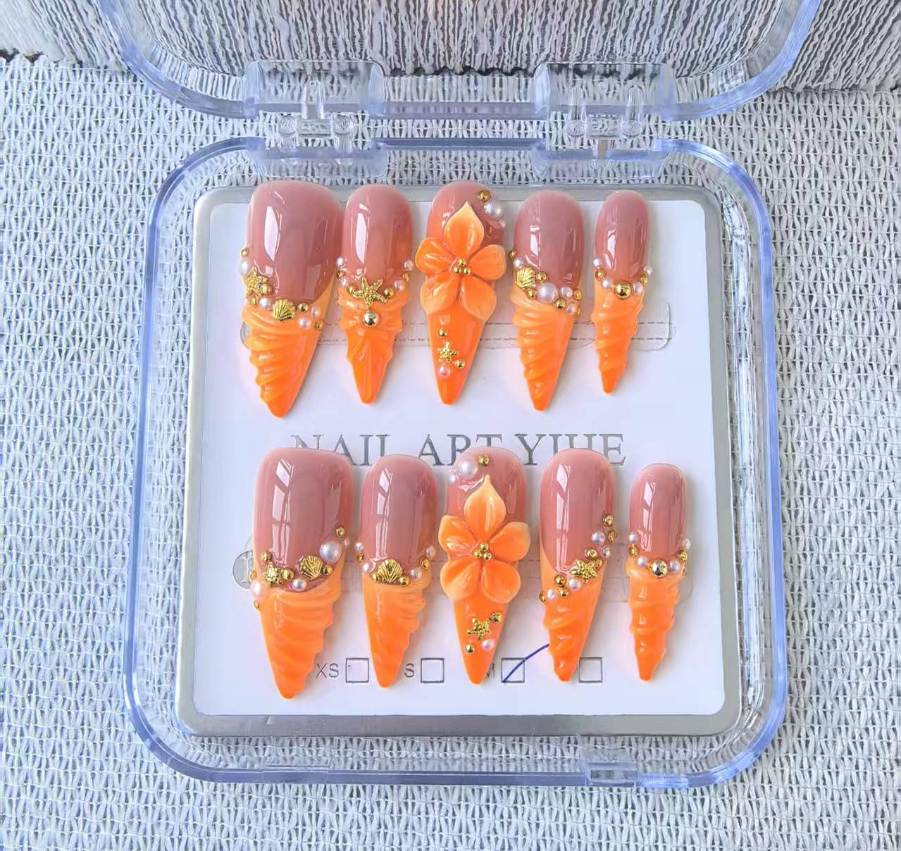 Handmade Press on Nails Long Stiletto False Nails Yellow French Tip Fake Nails with 3D Flower Designs Sparkly luxury Beach Artificial Nails for Women 10pcs (Size M）