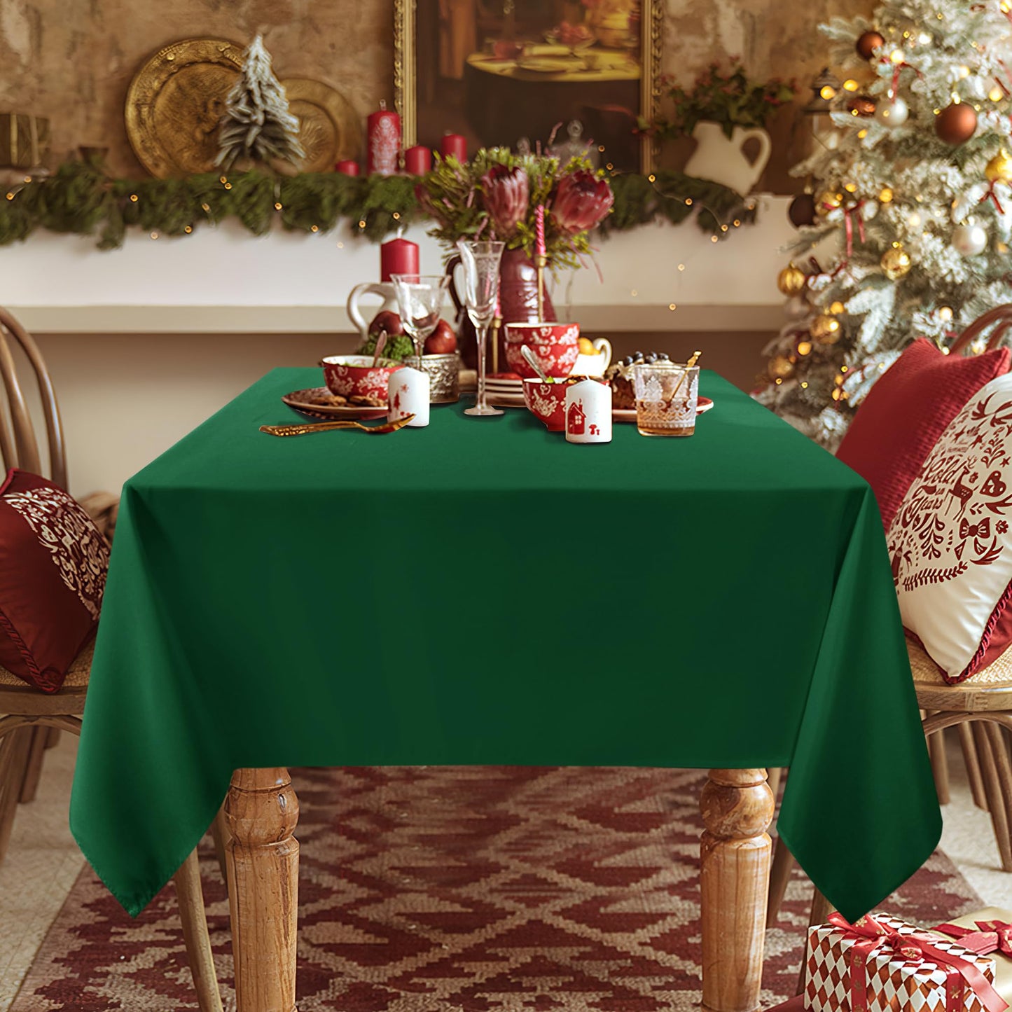 sancua Square Tablecloth - 70 x 70 Inch - Stain and Wrinkle Resistant Washable Polyester Table Cloth, Decorative Fabric Table Cover for Dining Tables, Buffet Parties and Christmas, Hunter Green