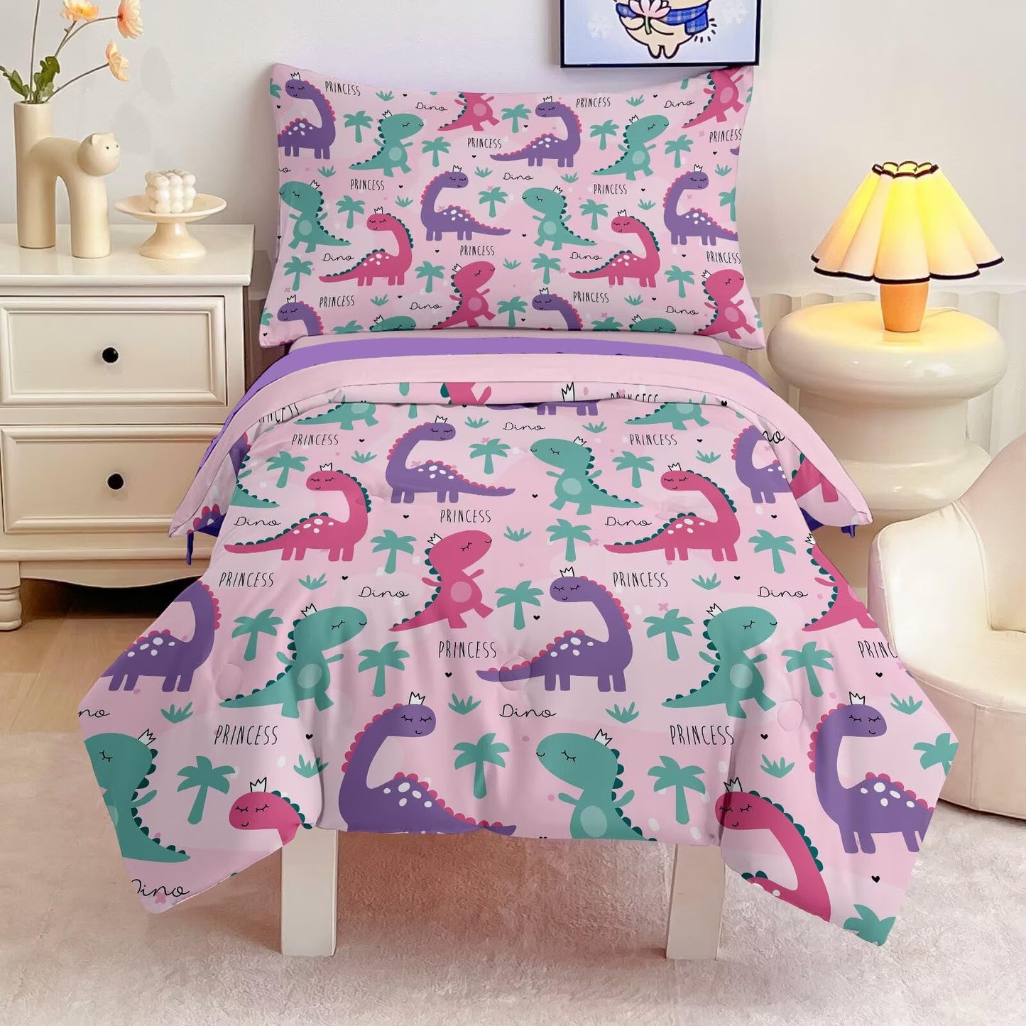 4 Piece Toddler Dinosaur Bedding Set for Girls,Pink Dino Toddler Comforter Sets Soft Bed Set Include Comforter,Fitted Sheet, Flat Top Sheet and Pillowcase,Bed in A Bag for Bedroom