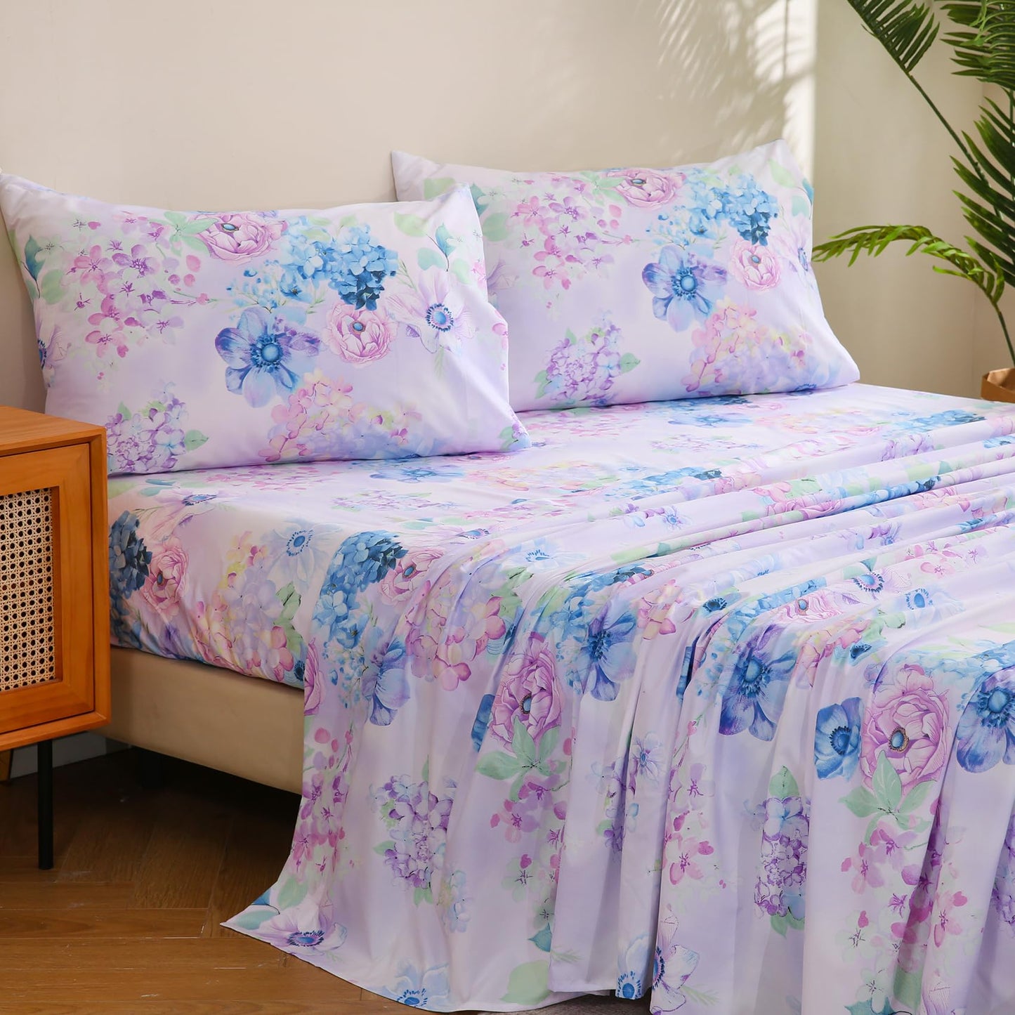 JSD Purple Hydrangea Floral Sheet Set Full Size, 4 Piece Soft Spring Printed Microfiber Bed Sheets Deep Pocket