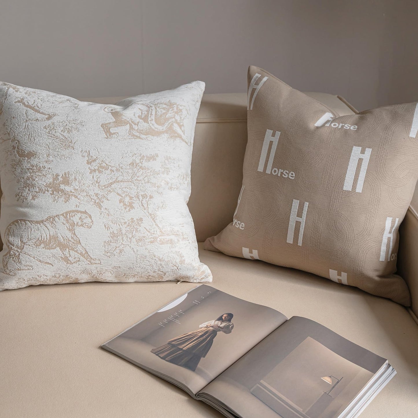 Croker Horse 20x20'' Inches Throw Pillow Cushion Cover - Beige H Letter Embroidery Modern Fashion Style Couch Sofa Pillow Cover for Living Room Bedroom