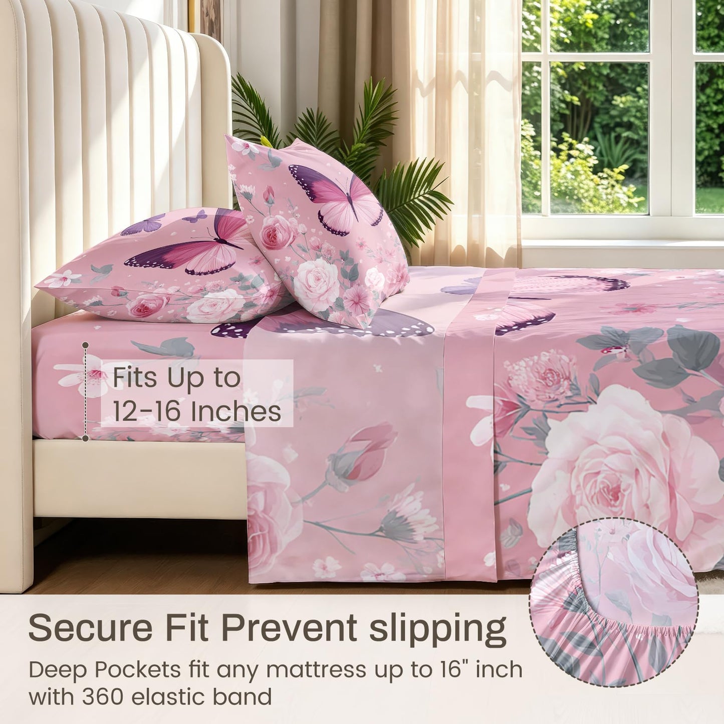 Pink Rose Bedding Set 4 Pcs Girls Butterfly Full Sheets