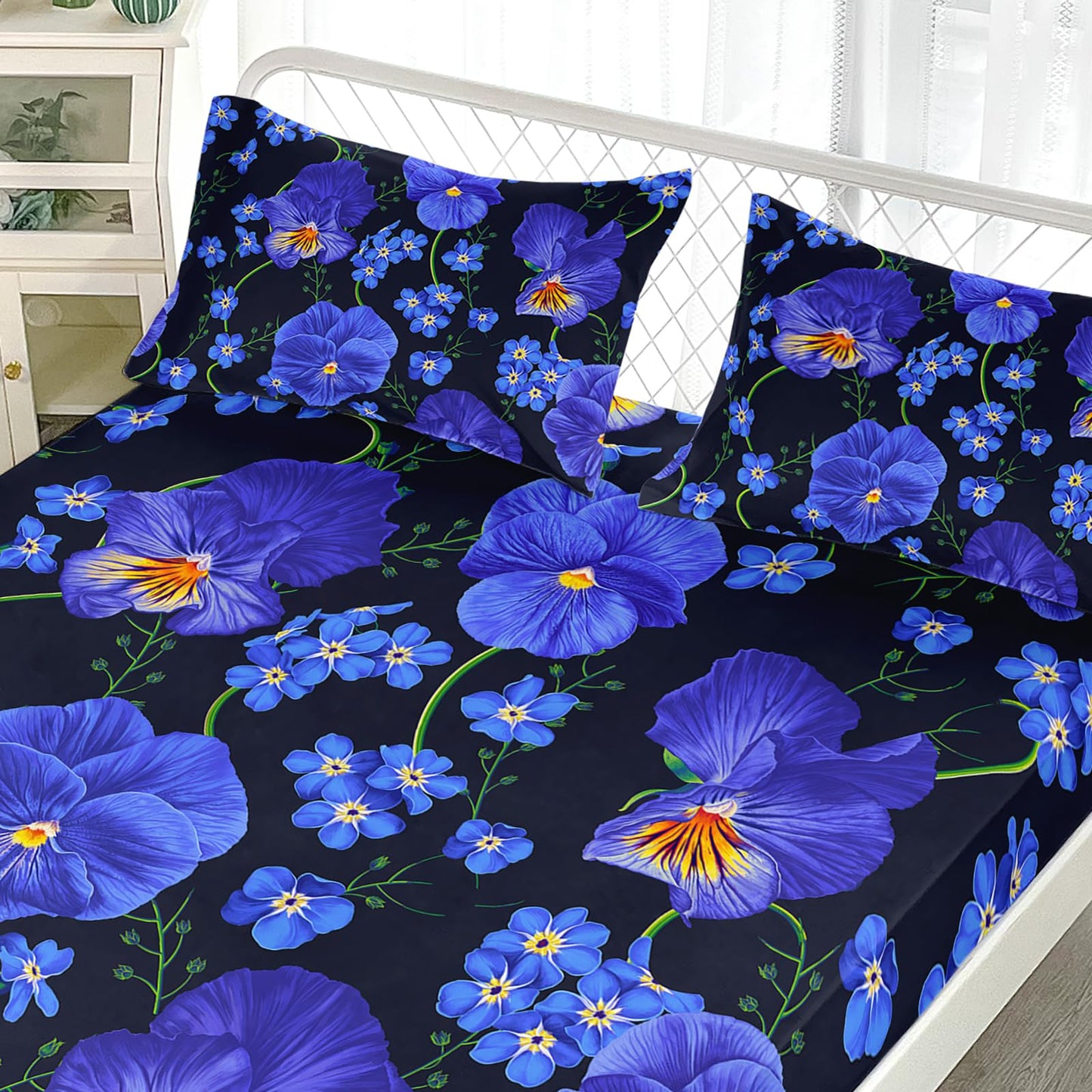 AILONEN Beautiful Flower Fitted Sheet Set Queen Size, Pansy Violet Bedding Set for Kids Teens Girls Women,Floral Plant Bed Sheet Set,1 Fitted Sheet + 2 Pillowcases,3Pcs