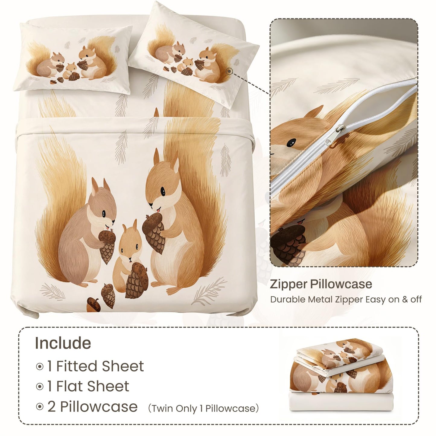 Squirrel Twin Bedding Set Cute Animal Sheet Sets, Beige Brown
