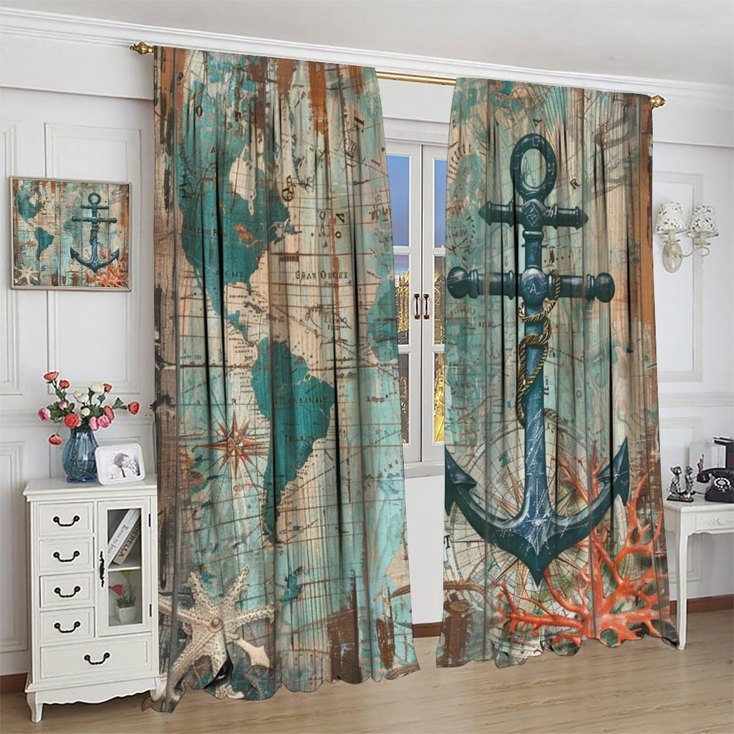 TOWINSFB Blue Nautical Map Anchor Blackout Curtains for Bedroom Living Room, Retro Plank Starfish Marine Life Coral Thermal Insulated Room Darkening Curtain- 2 Panels, Each 63" L x 21" W