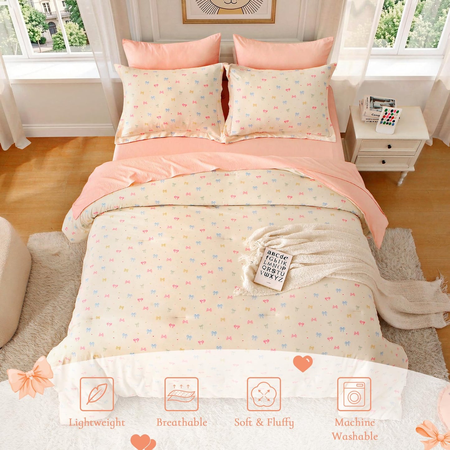 Wajade 7 Piece Colourful Bow Comforter Set for Girls Twin Size Cute Bedding Set Bed in A Bag (1 Comforter, 1 Flat Sheet, 1 Fitted Sheet, 2 Pillowcase and 2 Pillow Sham)