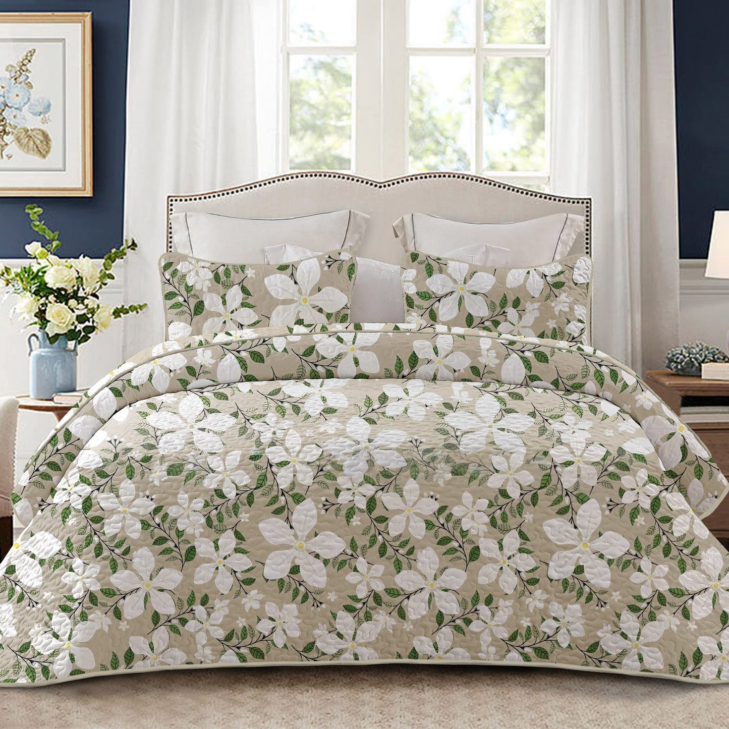 Whale Flotilla Reversible Printed Quilt King Size, Extra Soft Boho Floral Leaf Bedspreads for Bed Lightweight King Quilt Bedding Set Coverlets with 2 Pillow Shams for All Seasons, White Bone