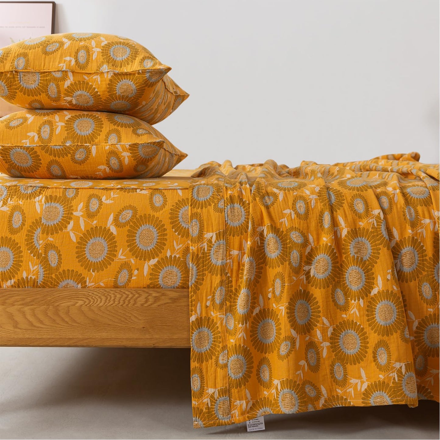 FADFAY Double Gauze 100% Cotton Queen Sheets Set Floral Bed Sheets Deep Pocket Fitted Sheet, Luxury Sunflower Pattern Shabby Vintage Countryside Style Bedding 4Pcs