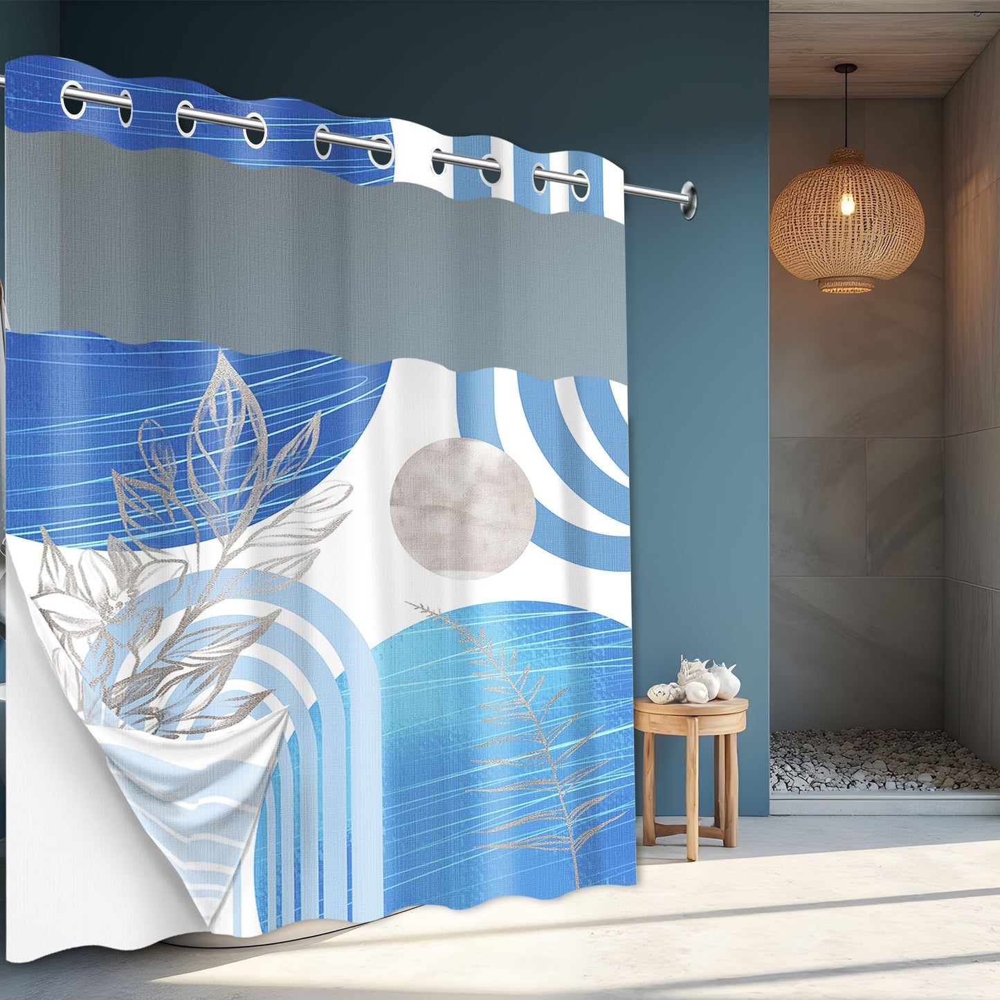 Yieldeer Boho Blue and White Hookless Shower Curtain, 71" W X 74" L