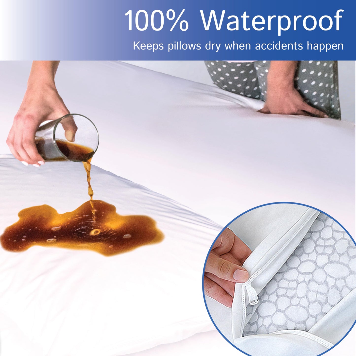 Queen Size Waterproof Pillow Protectors (Set of 2) – Zippered Hypoallergenic Pillowcase Cover Allergen Dust Proof Encasement