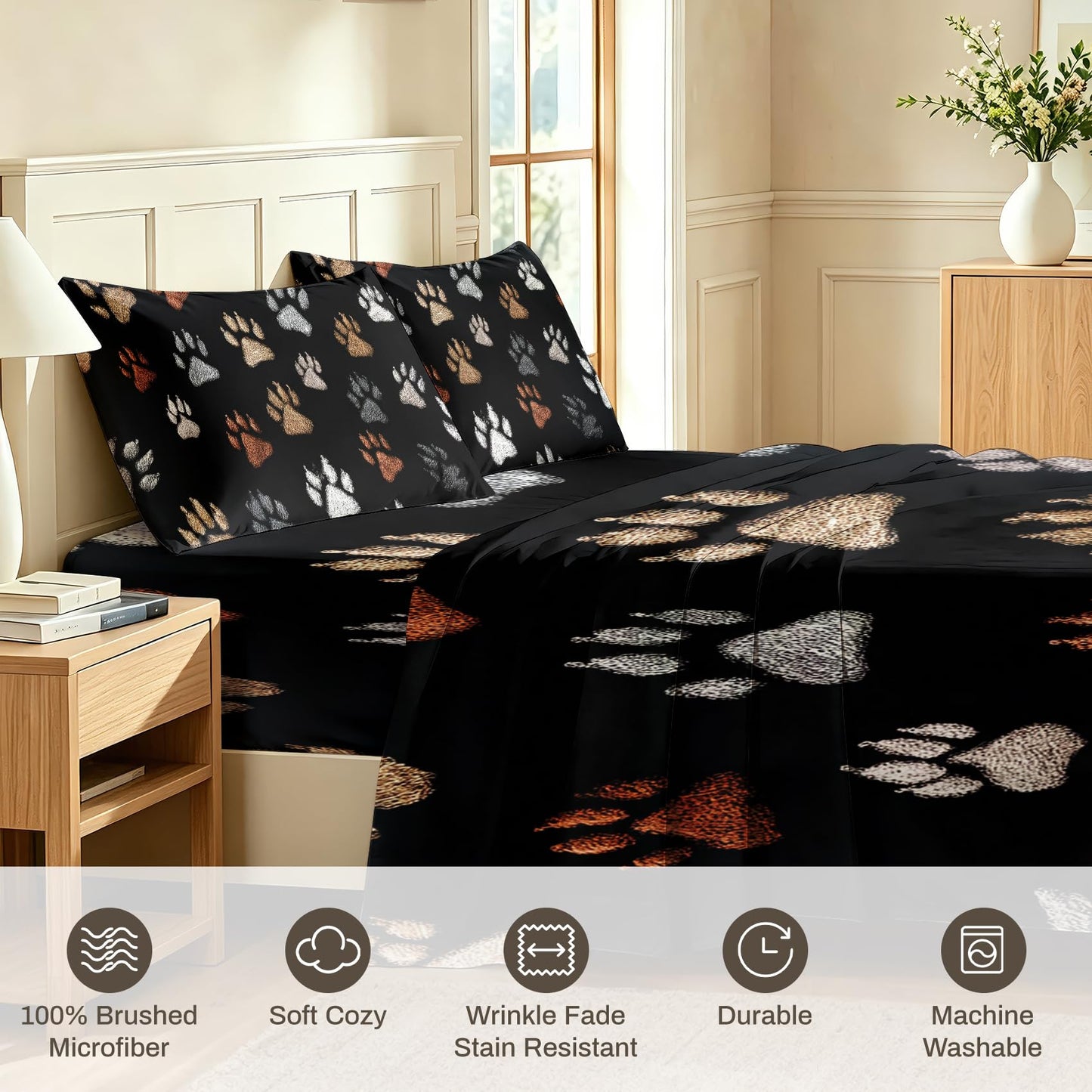 Cat Paw Print King Sheet Set 4 Pcs Dog Paw Bed Sheets, Black