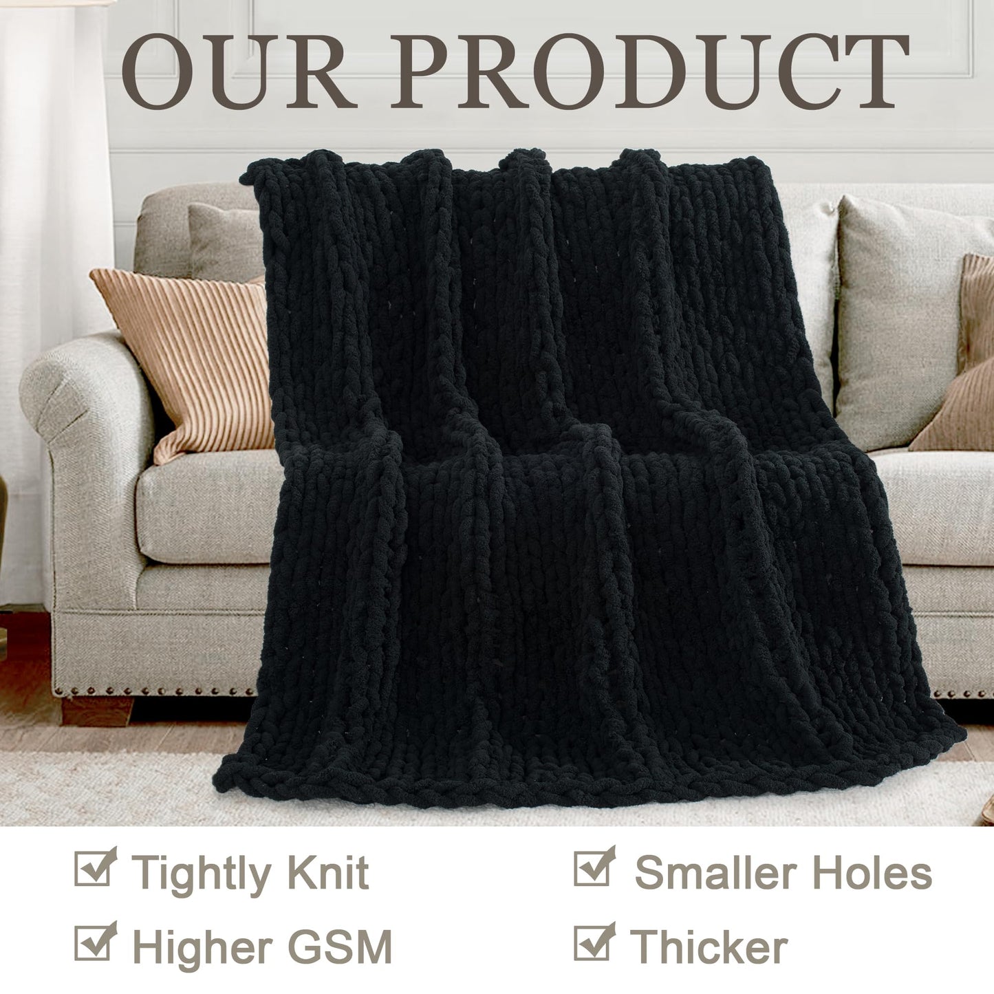 LONG CREATE Chunky Knit Throw Blanket Bundle Chenille Throw Blanket， 50"X 60" Black