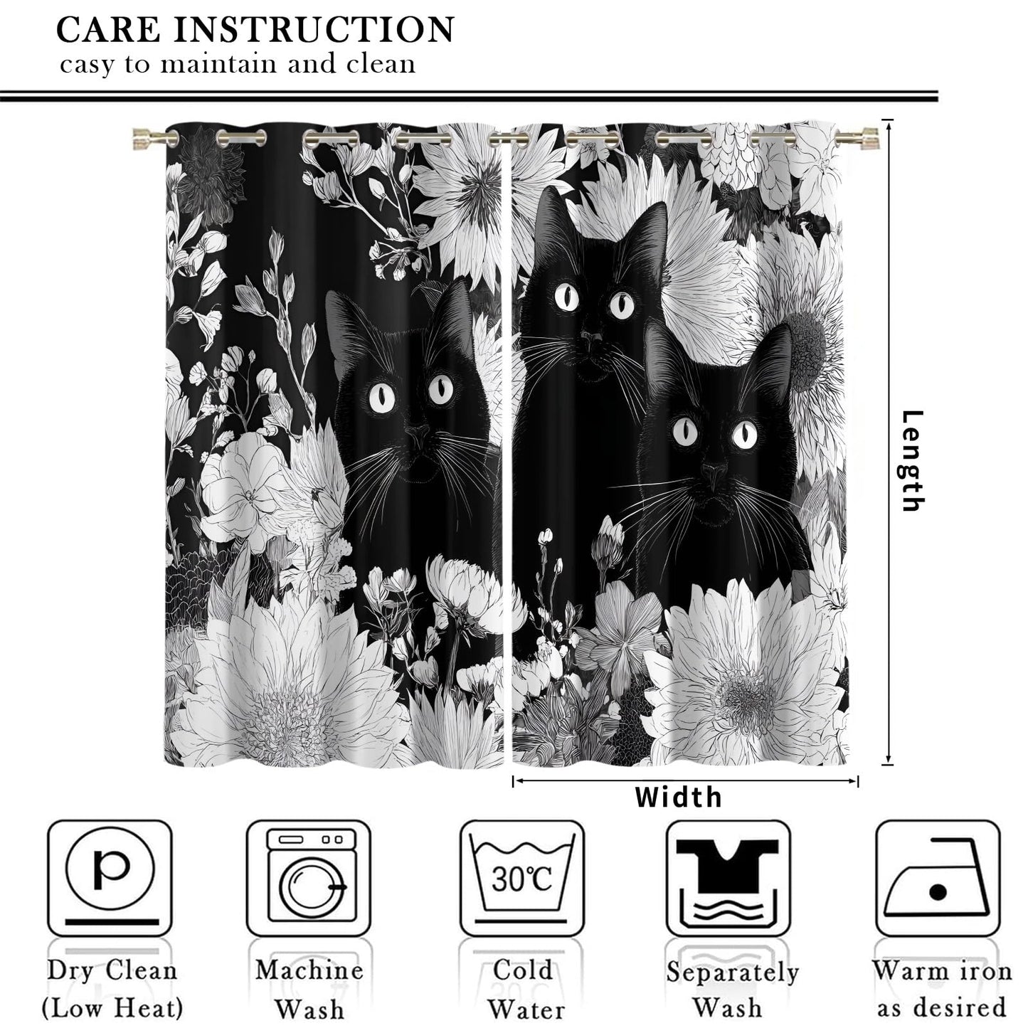 XAFIAUR Cat Blackout Curtains Black Cat Print Curtain, Cute Animal Drapes for Kids Bedroom Play Room 2 Panels Darkening Grommets Window Treatment 36" W x 72" L x2