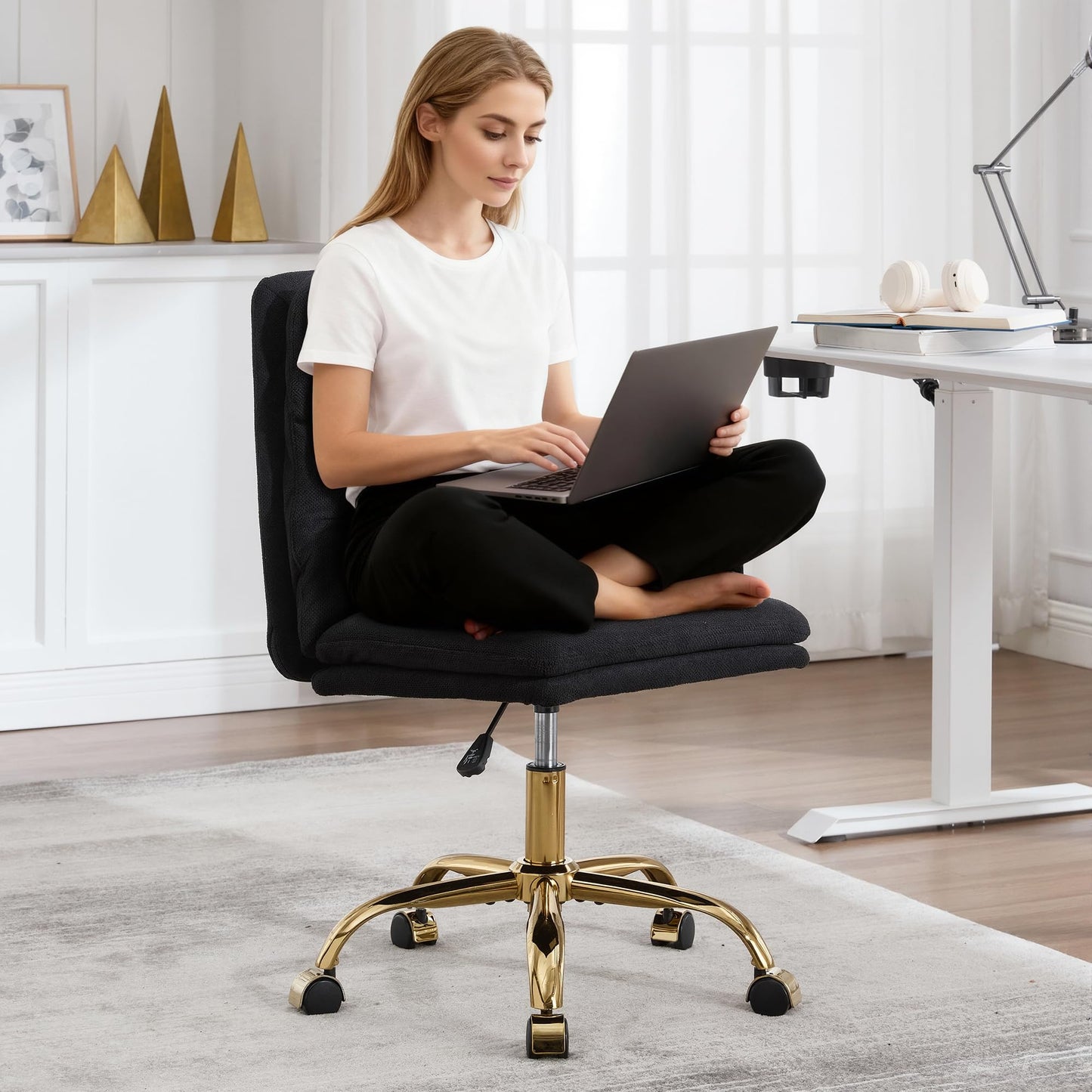 Gentlemoods Fabric Armless Home Office Chair, Modern Ergonomic Desk Chair High-Back Vanity Chair with Wheels, Height Adjustable Swivel Task Chair with Comfy Seat for Bedroom/Vanity/Desk(Black)
