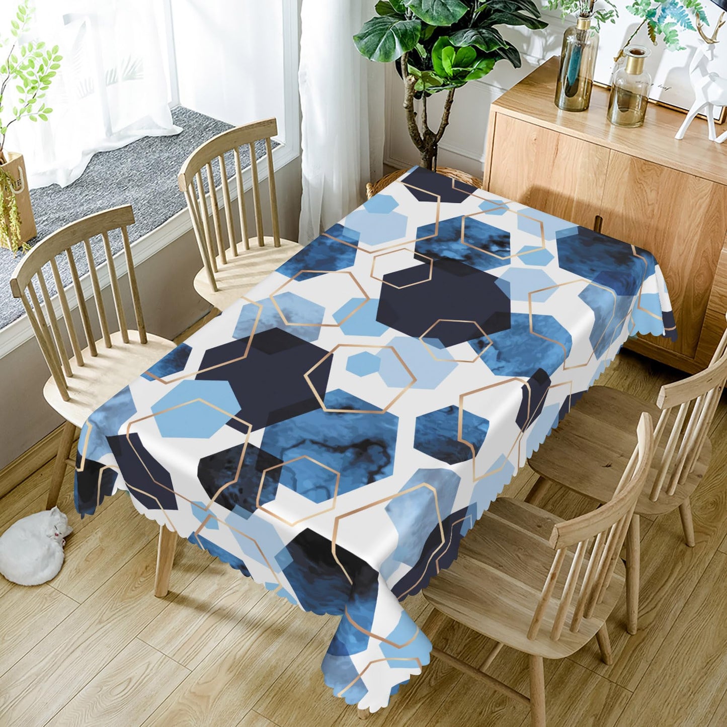 SIEDYCV Modern Blue Gold White Geometric Tablecloth, 60x102 Inch Elegant Hexagons Abstract Art Marble Texture Fabric Table Cloth,Waterproof Table Cover for Kitchen Dining Room Banquet Party Decor