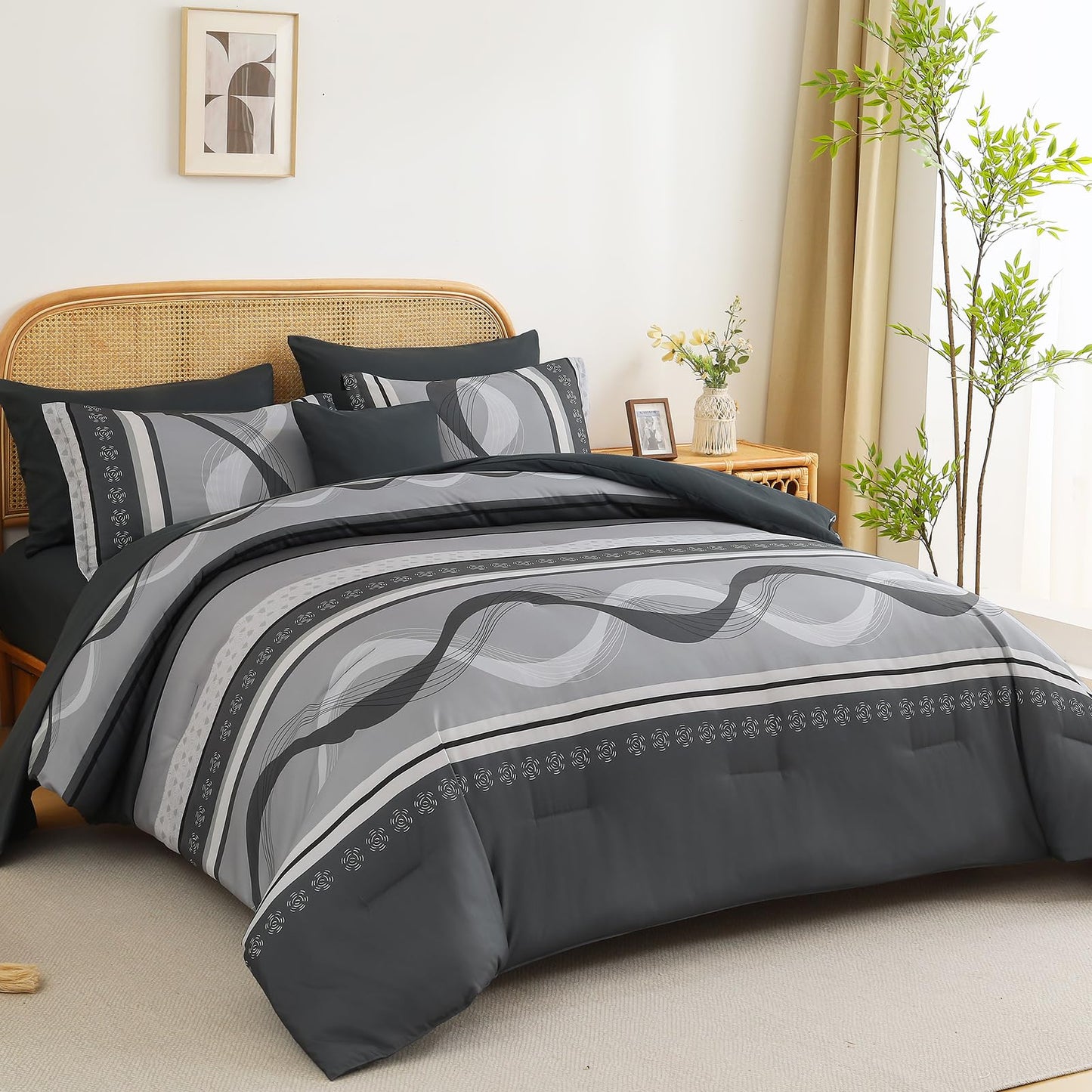 Anibedding Grey Comforter Set Queen Size,8 Pieces Bed in a Bag Patchwork Striped Bedding Sets,Boho Soft Microfiber Bedding Set for All Season(90"×90")
