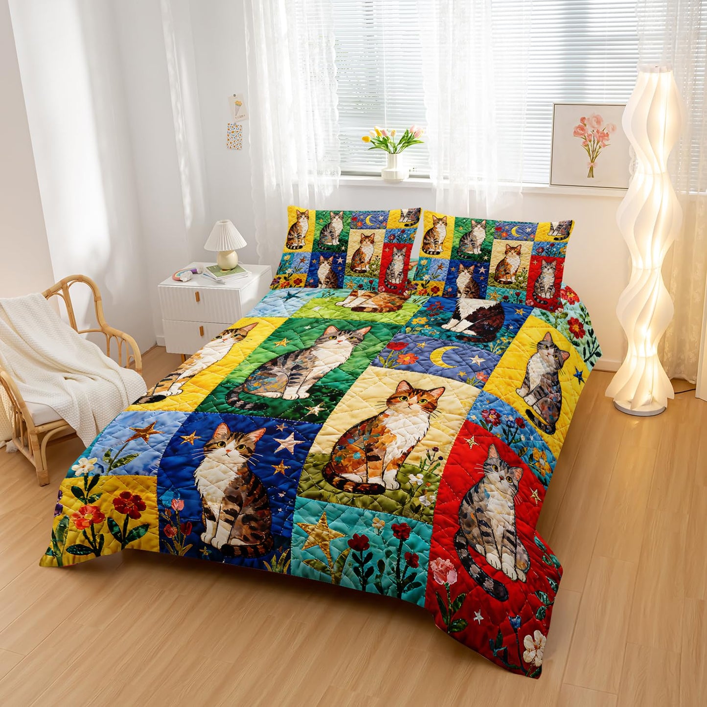 Nttopship Cartoon Cat Comforter Set Full Size 3PCS,Cat Puzzle Bedding Set for Teen Adult,Floral Cat Animal Themed Room Decor Ultra-Soft Lightweight Microfiber with 2 Pillowcases