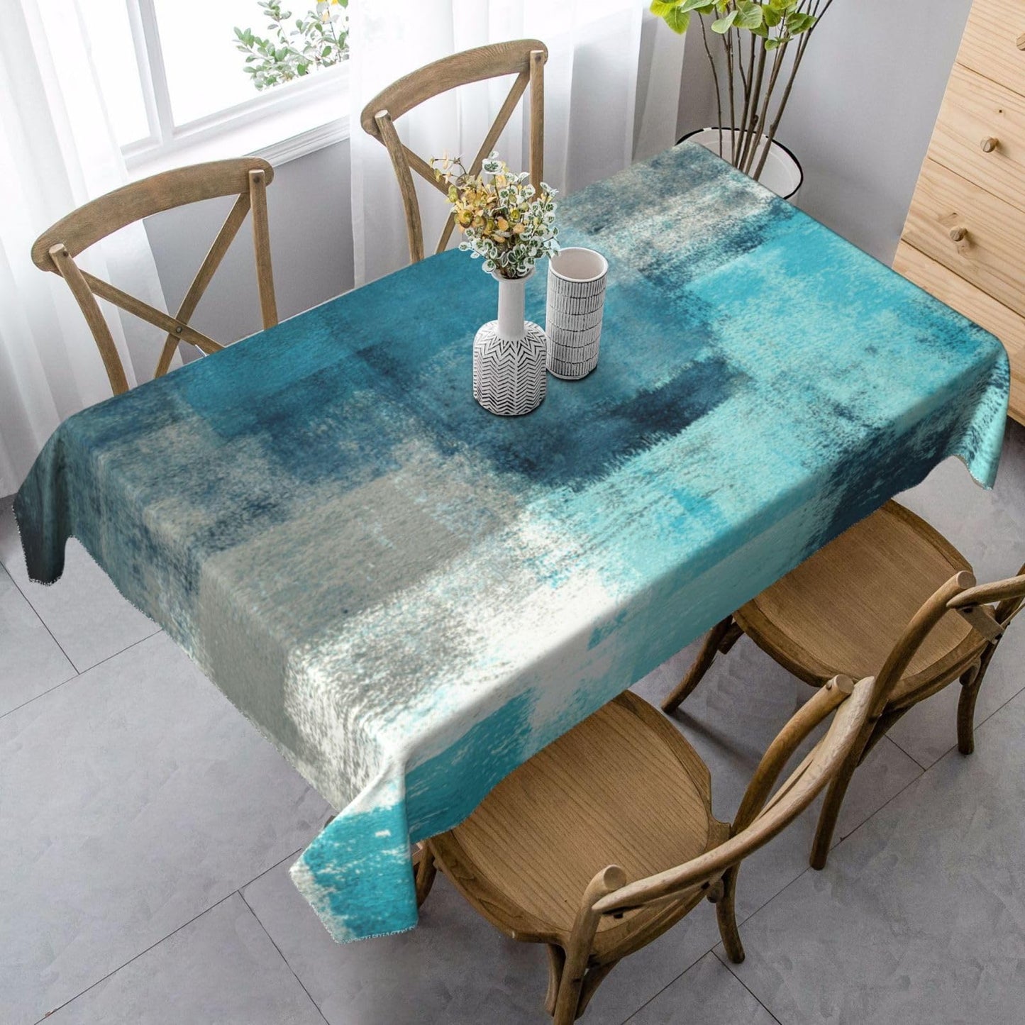 mutakin Teal Grey Tablecloth Turquoise Rectangle Table Cloth Washable Table Cover for Decoration Kitchen Dining Room 60x90 Inch