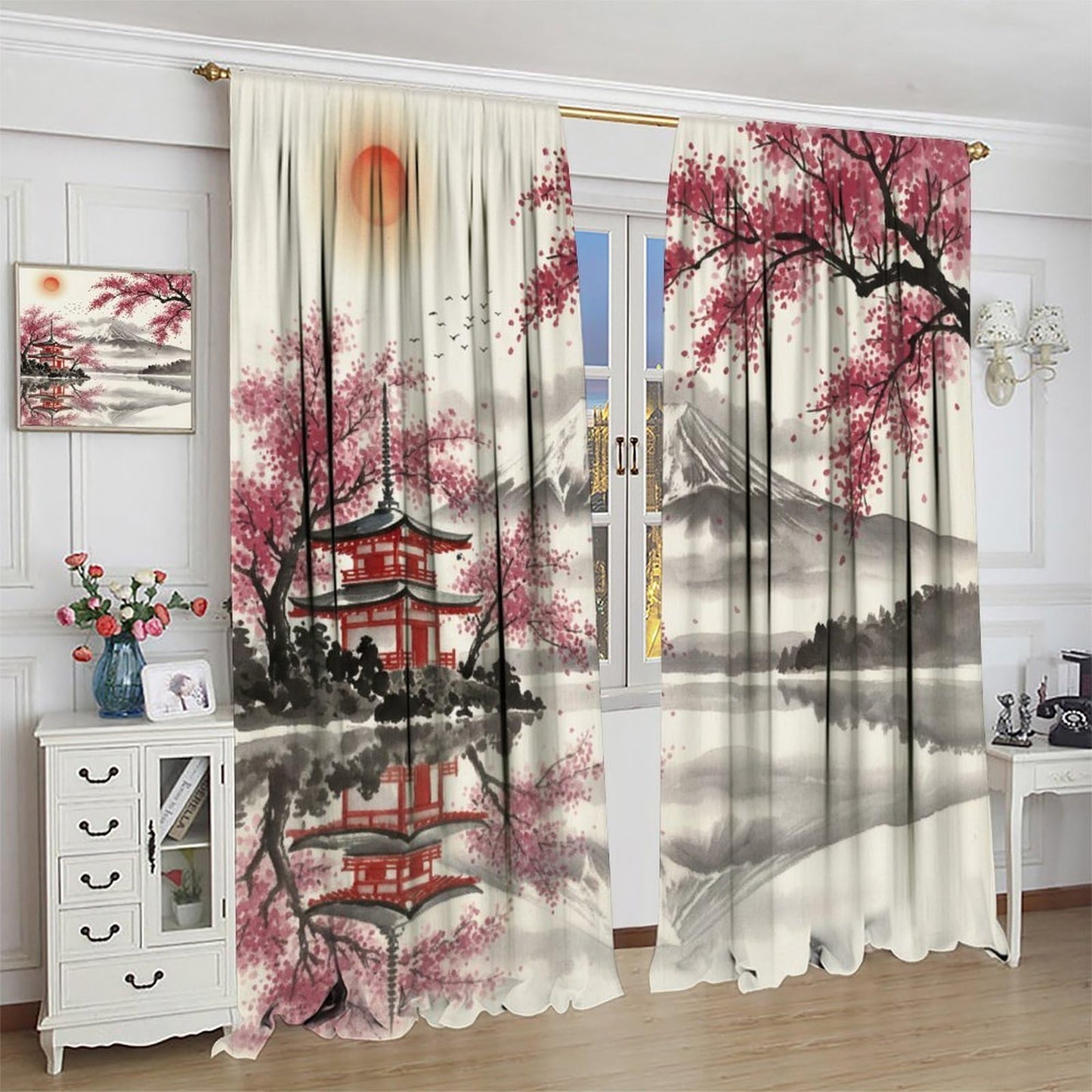 PHTAYOT Oriental Japanese Curtains Traditional Ink Painting Nature Landscape Mountains Cherry Blossoms Pattern Decor Window Treatments for Bedroom Living Room,2 Panels Set,42x45 Inch