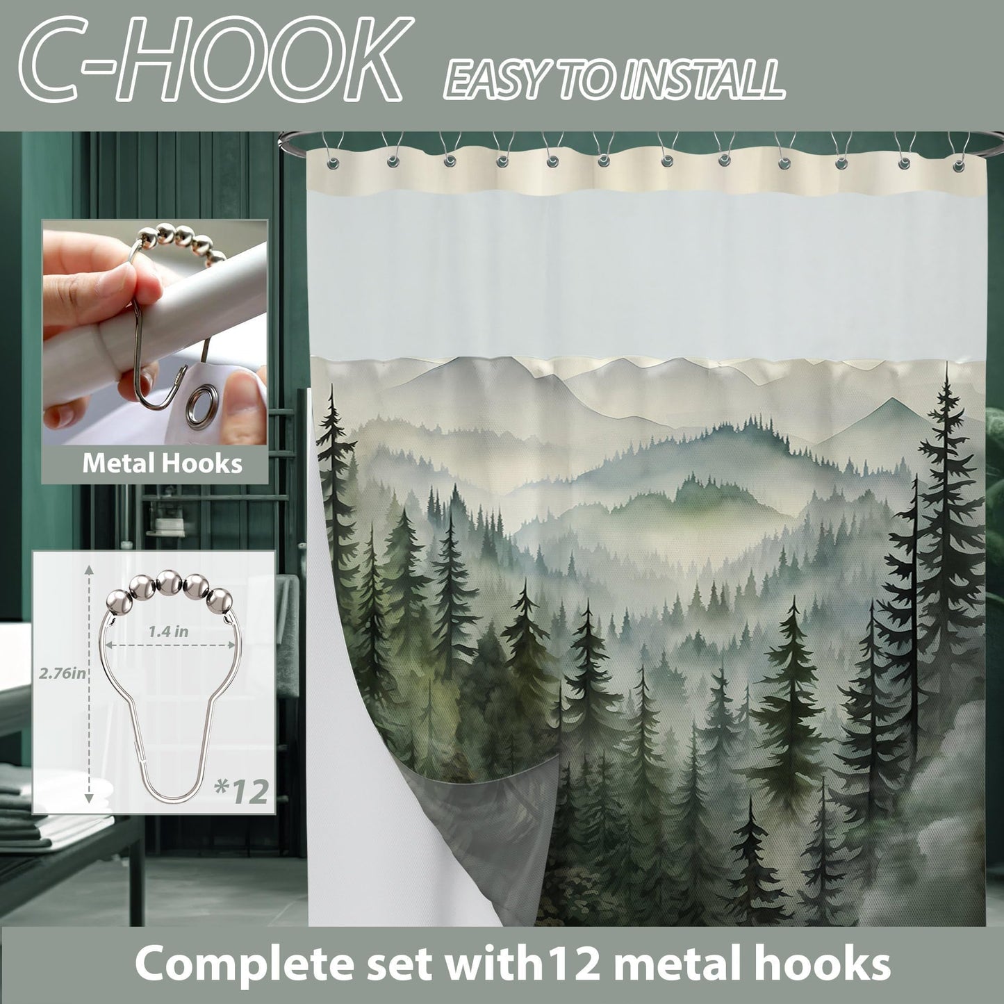 soeeao Forest See Through Mesh Top Shower Curtain with Window, Nature Mountain Double Layer Shower Curtains with Snap in Liner with Magnets, Waterproof Cloth Fabric with Hooks, 71" W x 72" L