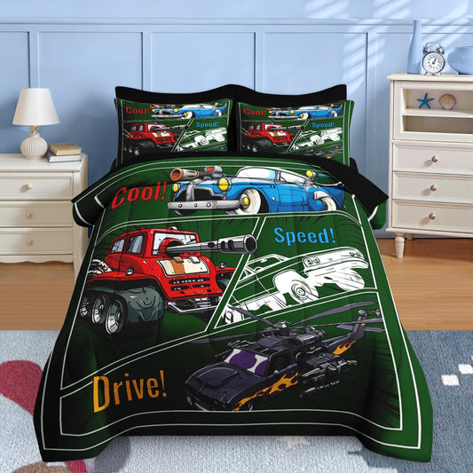 Nesker 5 Pcs Car Comforter Set Twin Size, Colorful Race Car Boys Bedding Green Bed in a Bag for Kids and Adults, Retro Red Truck Bed Sheet Sets with Fitted Sheet Pillowcases & Shams
