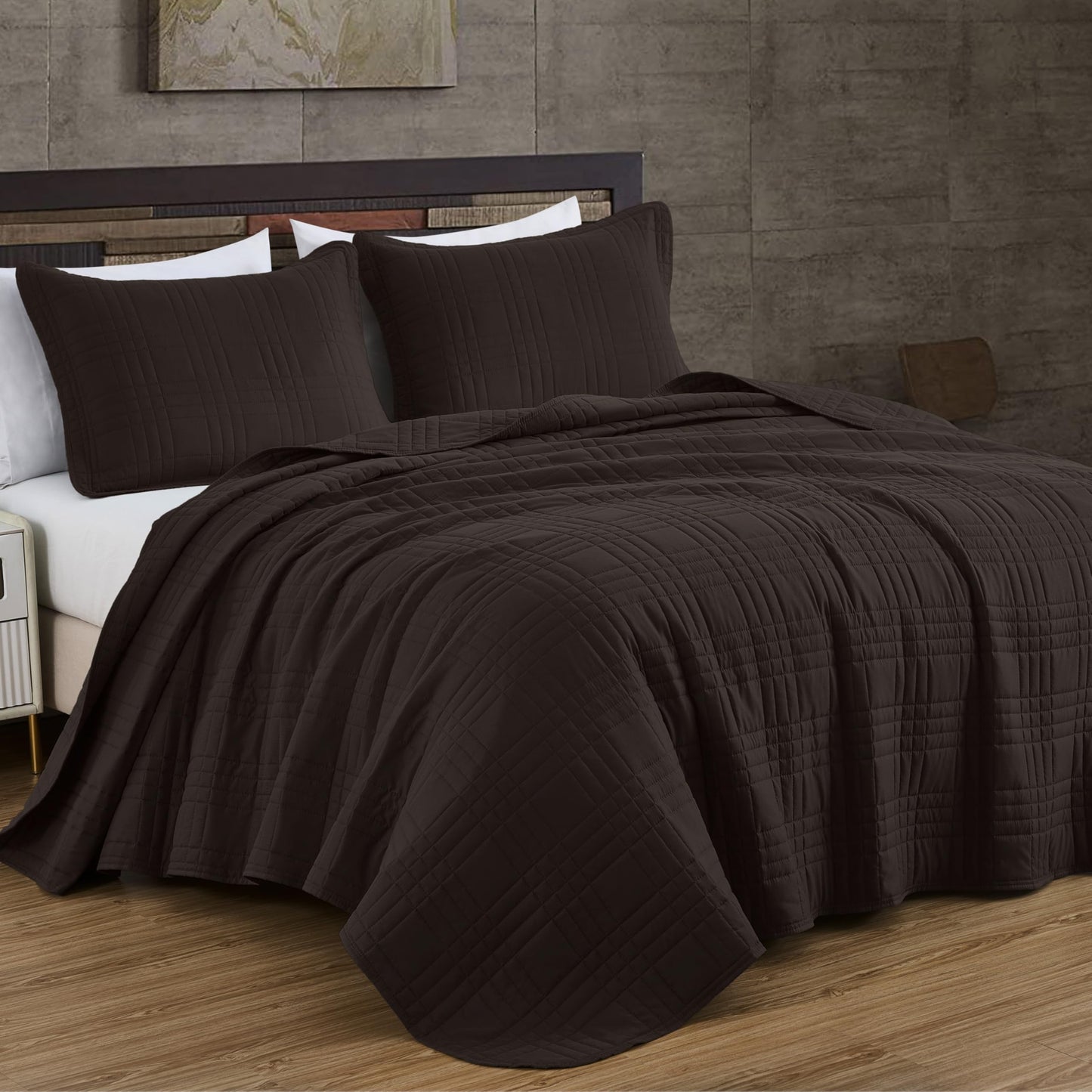 Chezmoi Collection Kingston Queen Size Bedspread Set, 3-Piece Brown Oversized Quilted Microfiber Lightweight Bedspread Coverlet (100"x106") for All Seasons