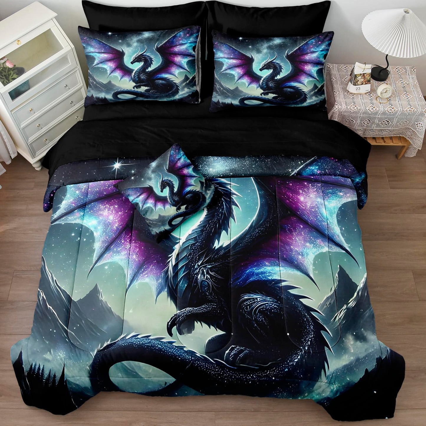 Bedbay Dragon Comforter Set Galaxy Fantasy Bedding Quilt Set Soft King Comforter Bed Set with Sheets Boys Teen Mythical Beast Dragon Digital Print 8 Pieces Bed in a Bag Set with Cushion Cover