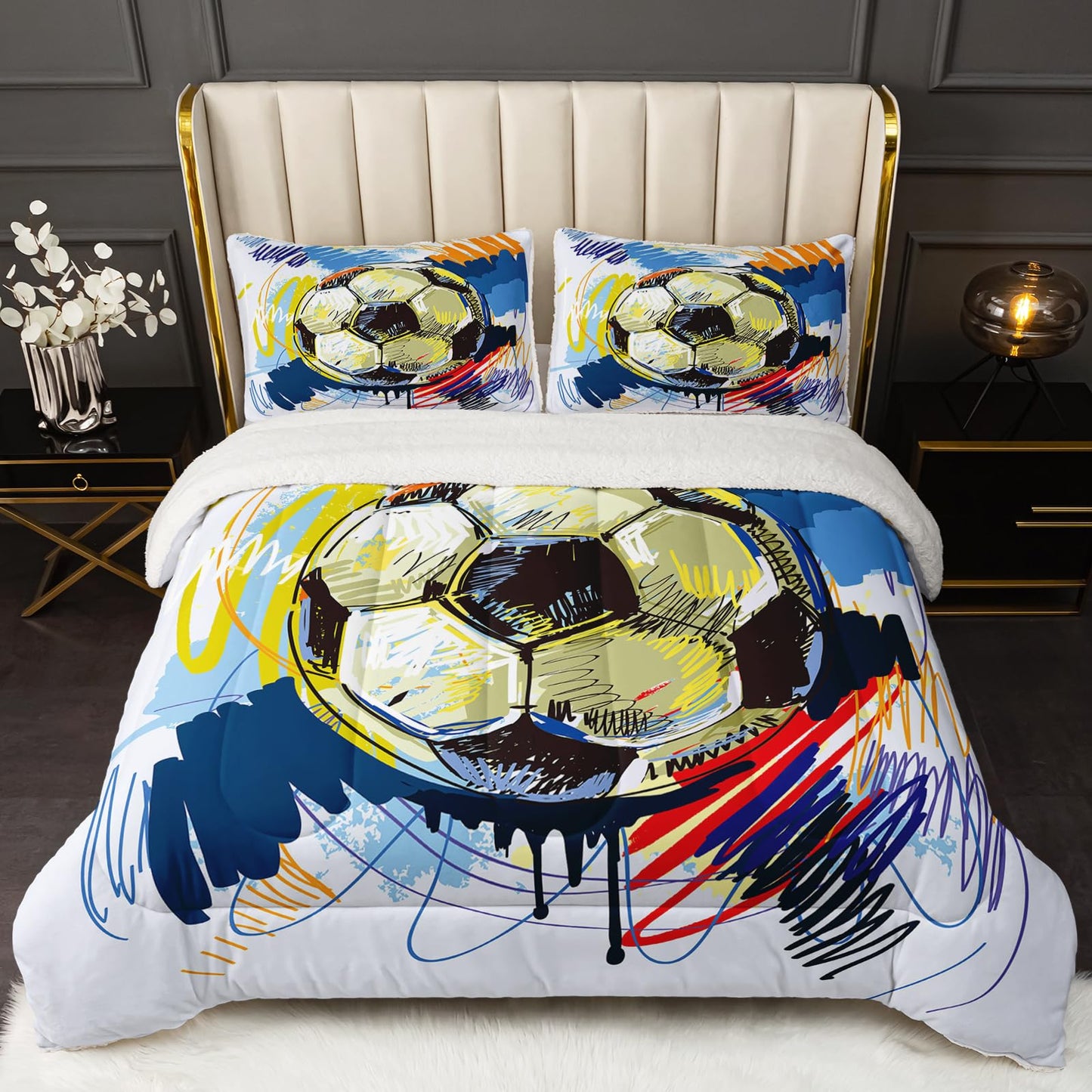 QOOMO Soccer Sherpa Fleece Comforter Set Boys Sports Bedding Set King Size for Kids Teens Hand Drawn Football Graffiti Style Design 3 Piece with 1 Comforter 2 Pillowcases