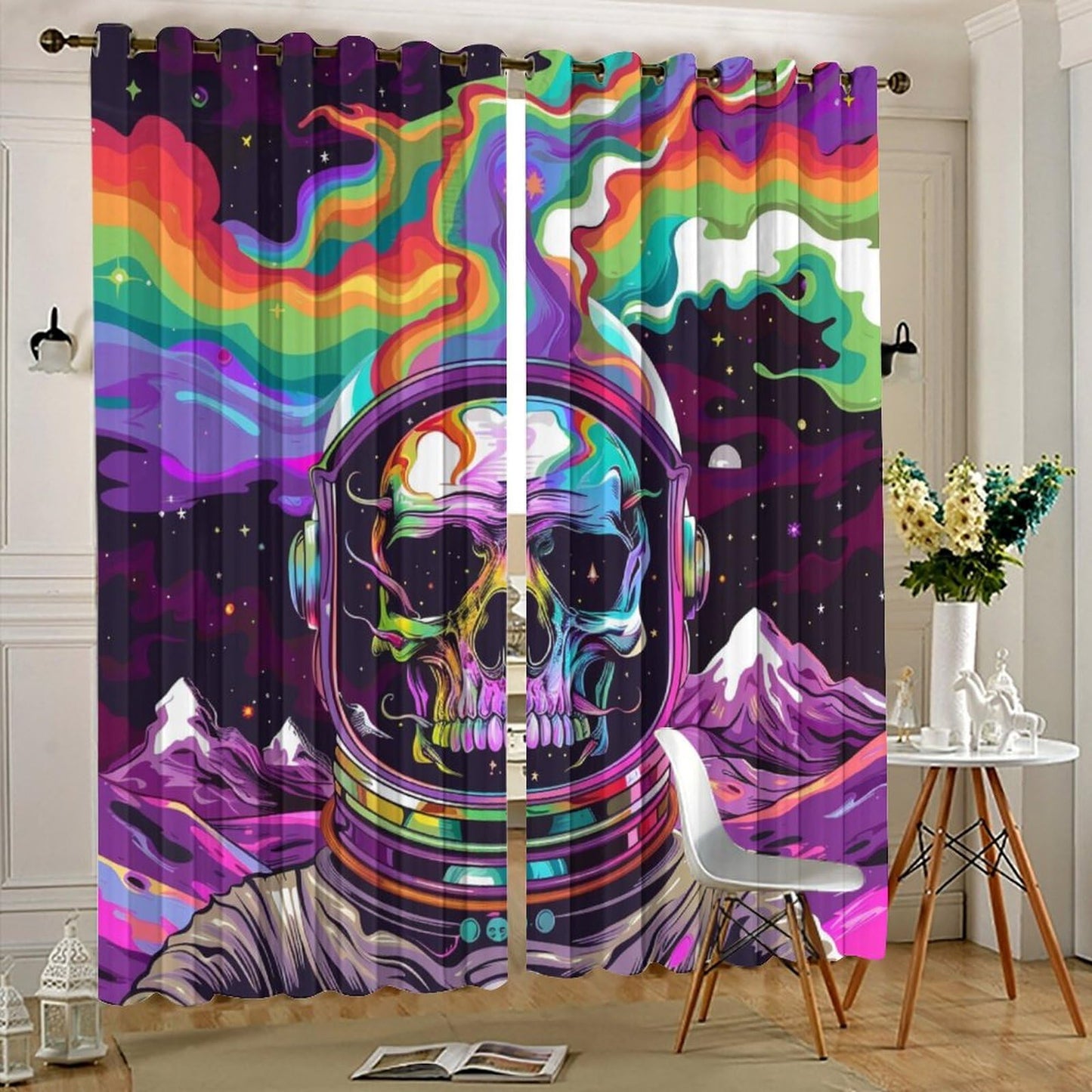 HDESDIS Colorful Skull Fantasy Blackout Curtains for Bedroom, Space Star Astronaut Skeleton Grommet Curtains Thermal Insulated Window Drapes for Living Room, 21W x 45L, 2 Panels
